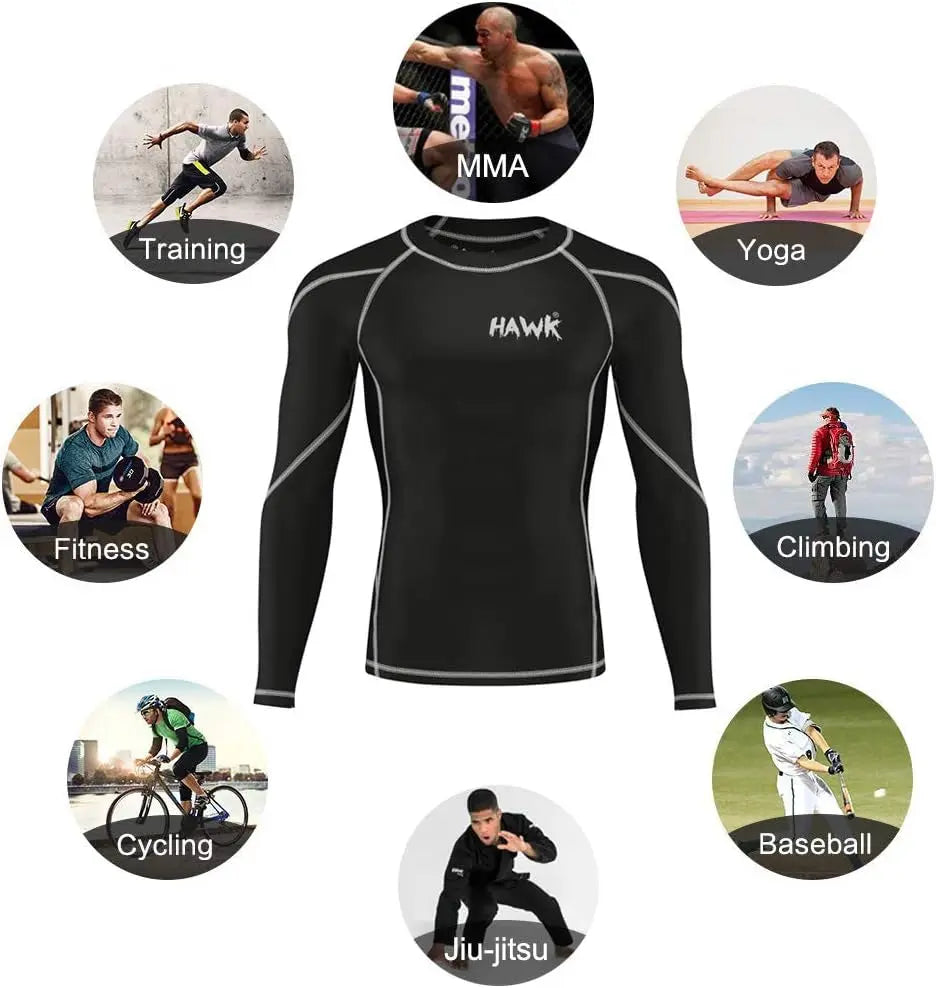 Mens Compression Shirts Base Layer Athletic Gym MMA BJJ Rash Guard No Gi Full Long Sleeve Rashguard Shirt for Men