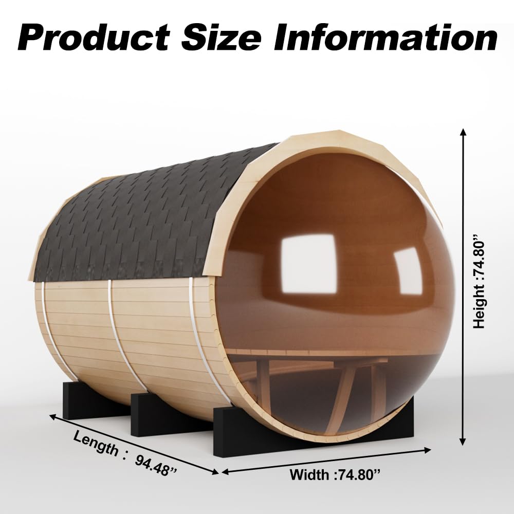 iDOTODO Outdoor Wooden Panoramic Barrel Sauna, 6-8 Person Sauna Room, 220V,6kw Harvia Electric Heater with Sauna Stone, Sauna Accessories and Asphalt Shingle Roof (Red Ceder) The Champ Gear