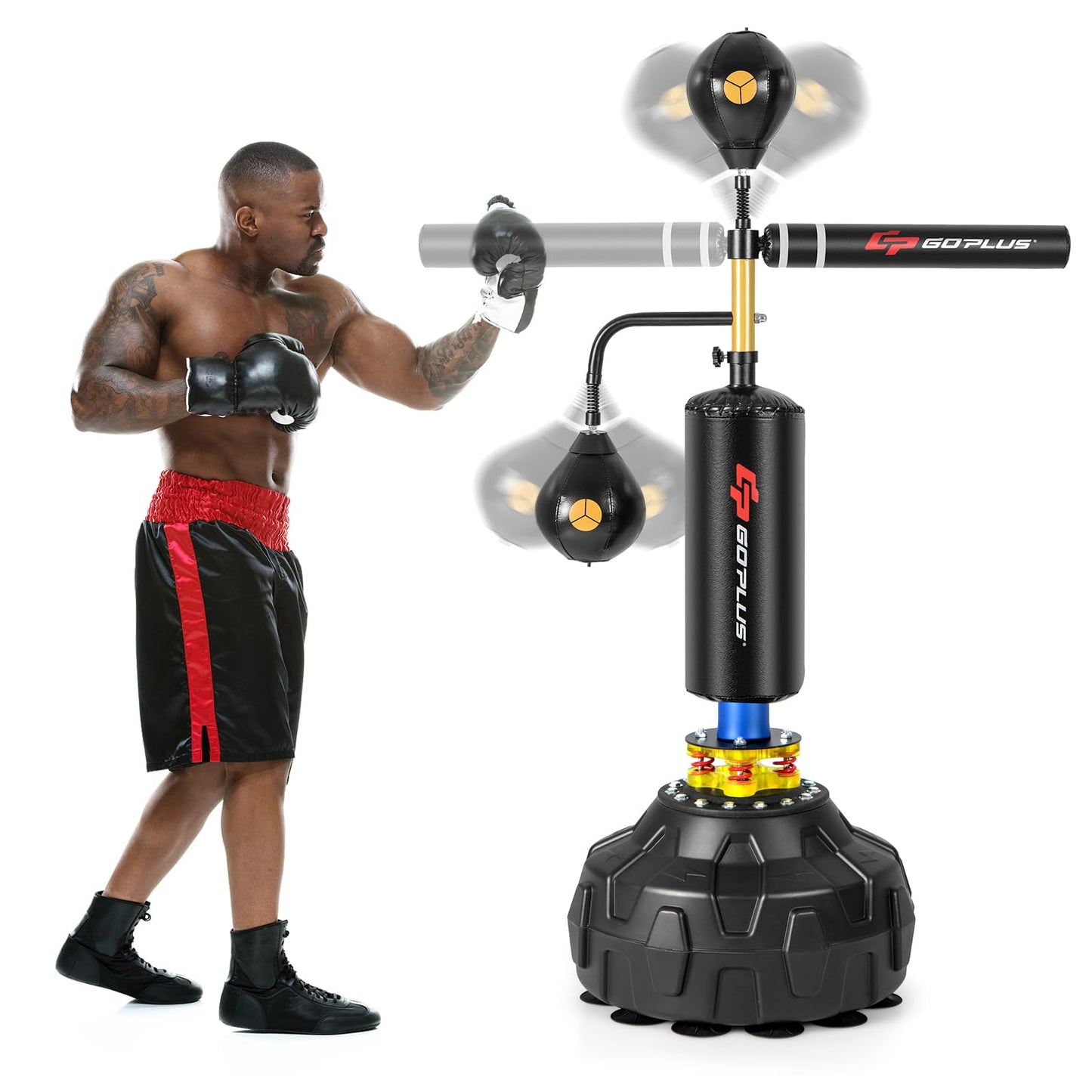 Goplus Boxing Speed Trainer, Freestanding Punching Bag 360° Spinning Bar with 2 Reflex Speed Balls, Shock Absorbers, Fillable Base, Height Adjustable Boxing Training Equipment for Teens Adults The Champ Gear