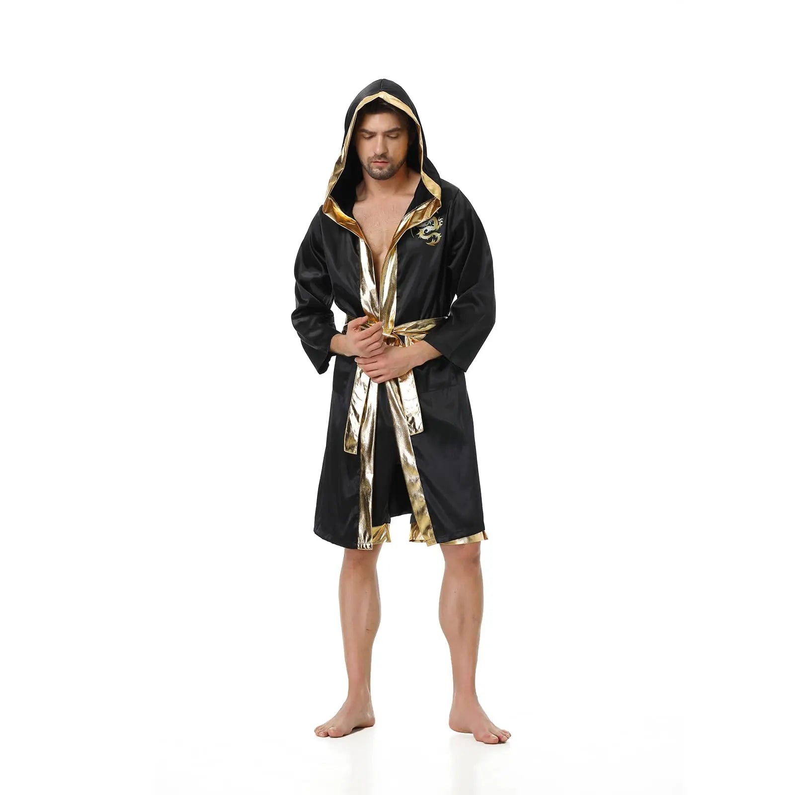 Colorful House Men Satin Black Boxing Robes Adult Boxing Halloween Costume Robe Boxer Costume Shorts with Belt The Champ Gear