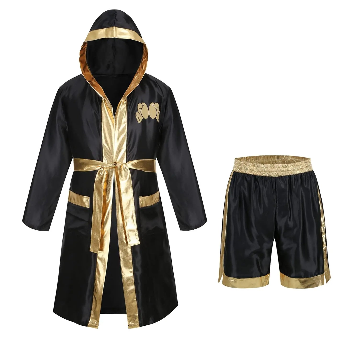 Colorful House Men Satin Black Boxing Robes Adult Boxing Halloween Costume Robe Boxer Costume Shorts with Belt The Champ Gear