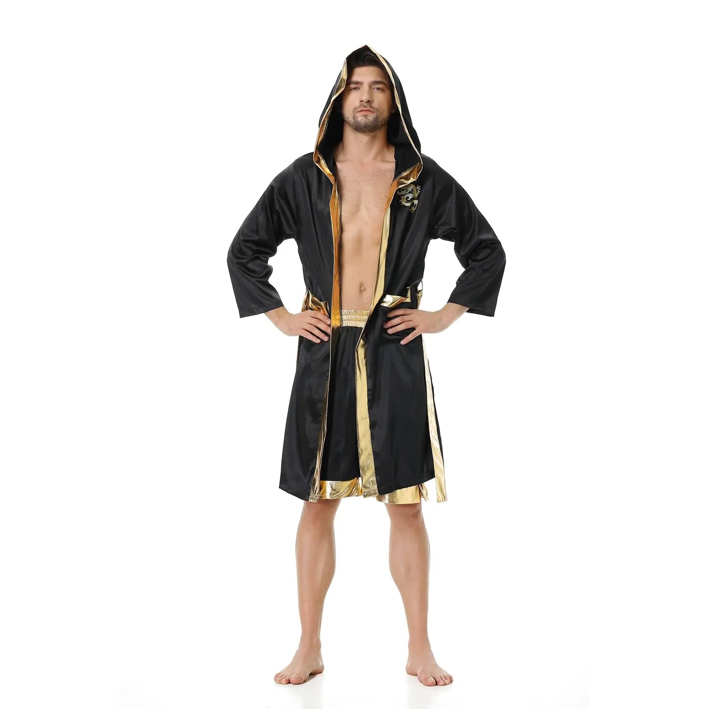 Colorful House Men Satin Black Boxing Robes Adult Boxing Halloween Costume Robe Boxer Costume Shorts with Belt The Champ Gear