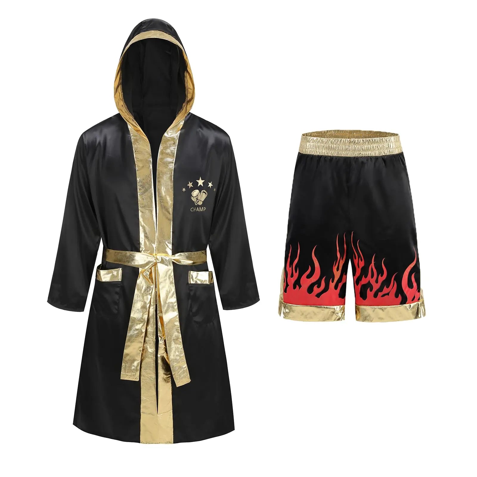 Colorful House Men Satin Black Boxing Robes Adult Boxing Halloween Costume Robe Boxer Costume Shorts with Belt The Champ Gear