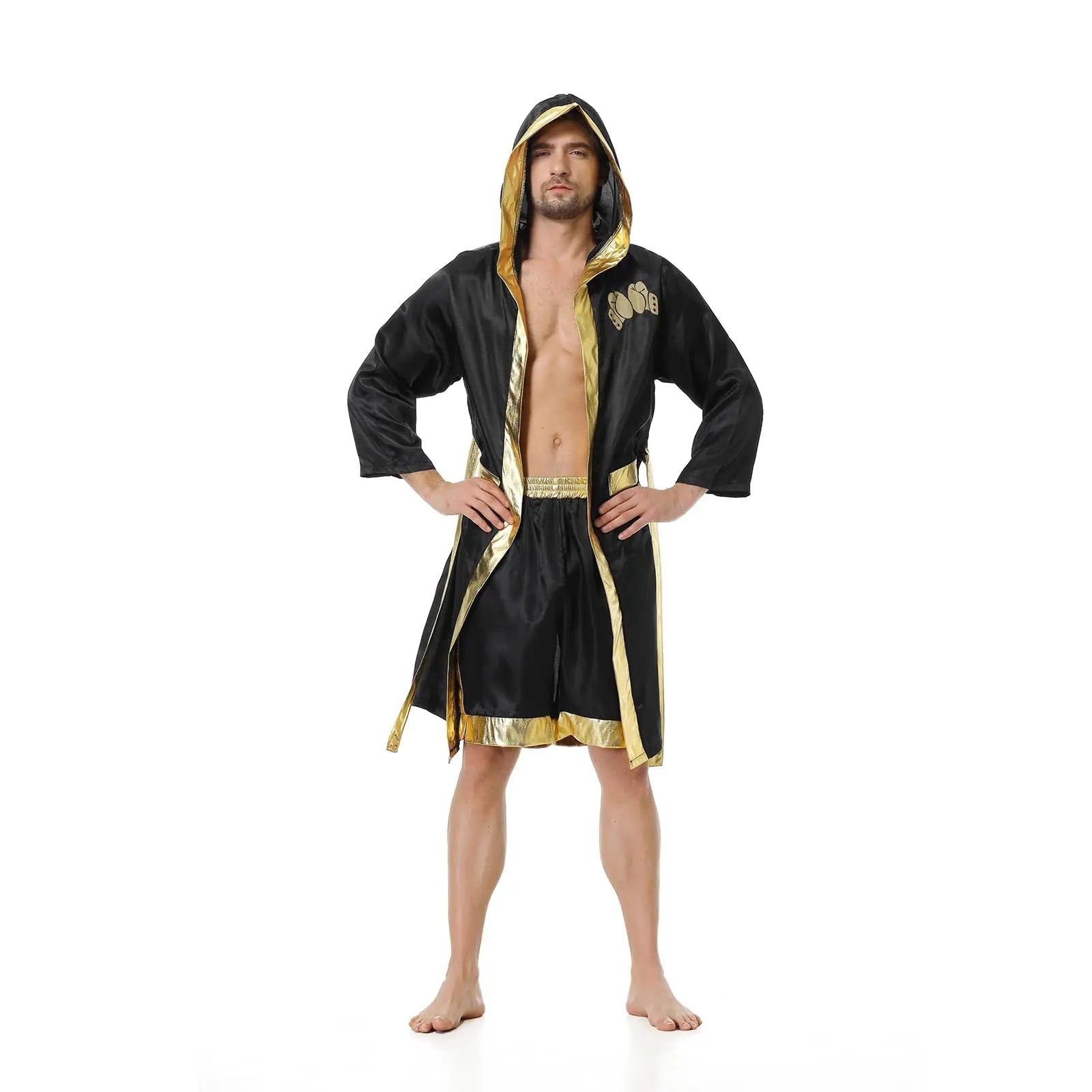 Colorful House Men Satin Black Boxing Robes Adult Boxing Halloween Costume Robe Boxer Costume Shorts with Belt The Champ Gear