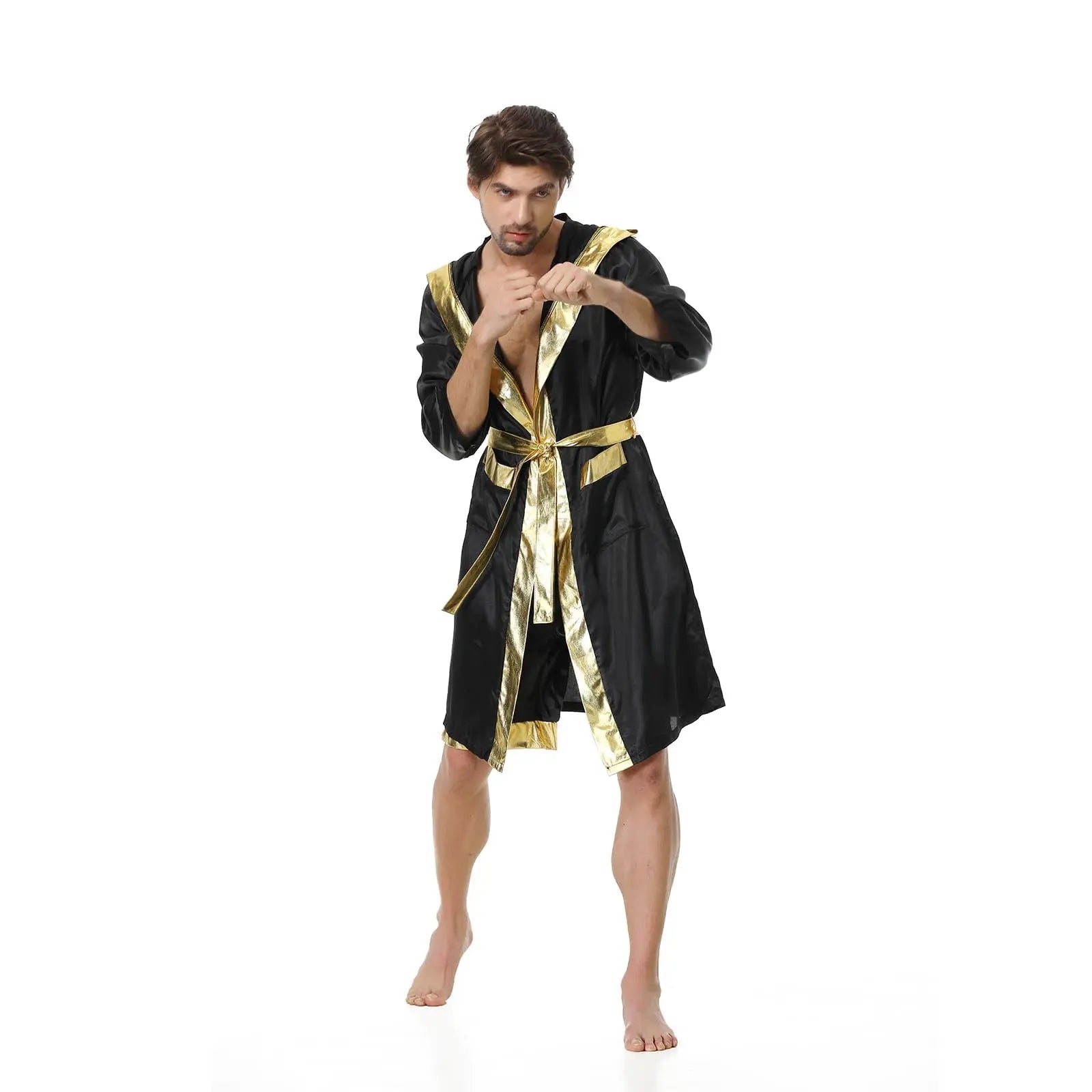 Colorful House Men Satin Black Boxing Robes Adult Boxing Halloween Costume Robe Boxer Costume Shorts with Belt The Champ Gear