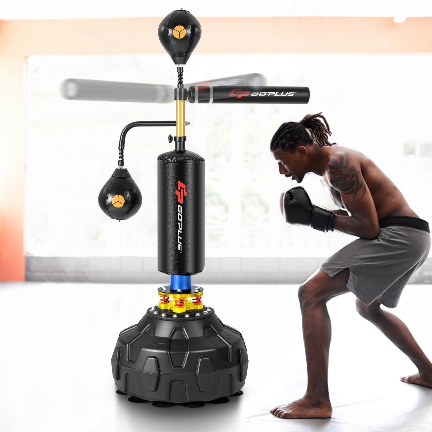 Goplus Boxing Speed Trainer, Freestanding Punching Bag 360° Spinning Bar with 2 Reflex Speed Balls, Shock Absorbers, Fillable Base, Height Adjustable Boxing Training Equipment for Teens Adults The Champ Gear