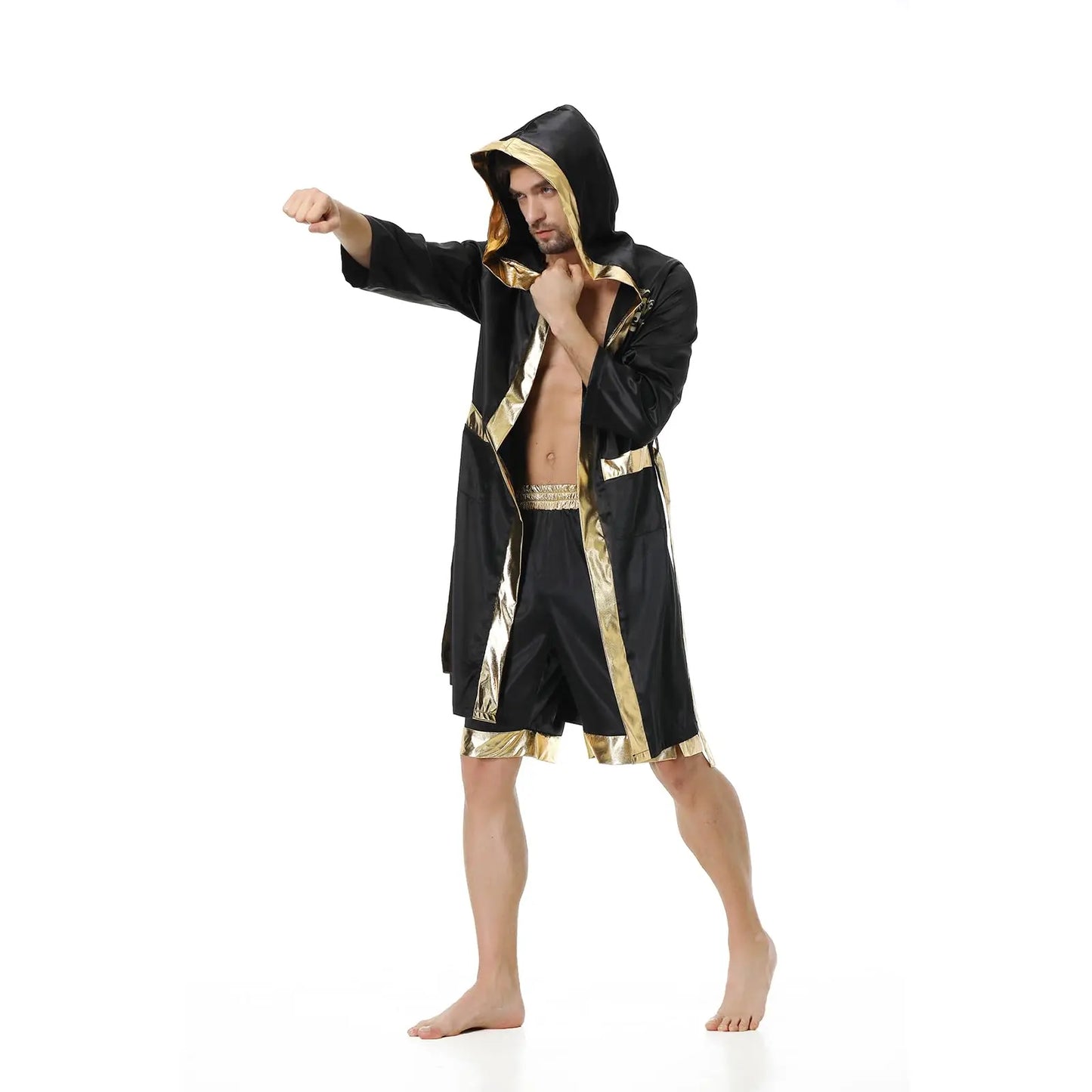 Colorful House Men Satin Black Boxing Robes Adult Boxing Halloween Costume Robe Boxer Costume Shorts with Belt The Champ Gear
