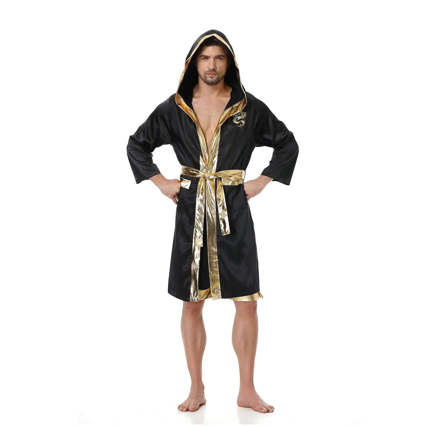 Colorful House Men Satin Black Boxing Robes Adult Boxing Halloween Costume Robe Boxer Costume Shorts with Belt The Champ Gear