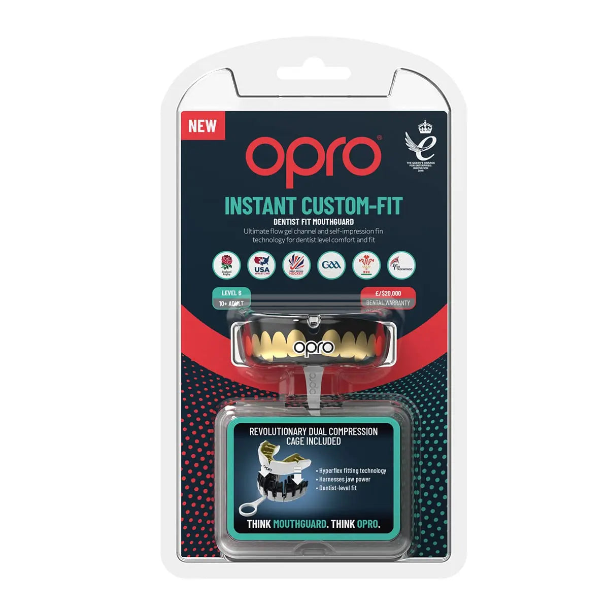 OPRO Instant Custom-Fit Sports Mouth Guard, Revolutionary Fitting Technology for Ultimate Comfort, Protection & Fit, Gum Shield, Dentist Mouthguard for Rugby, Boxing, Hockey, MMA (Gold Teeth, Adult) The Champ Gear