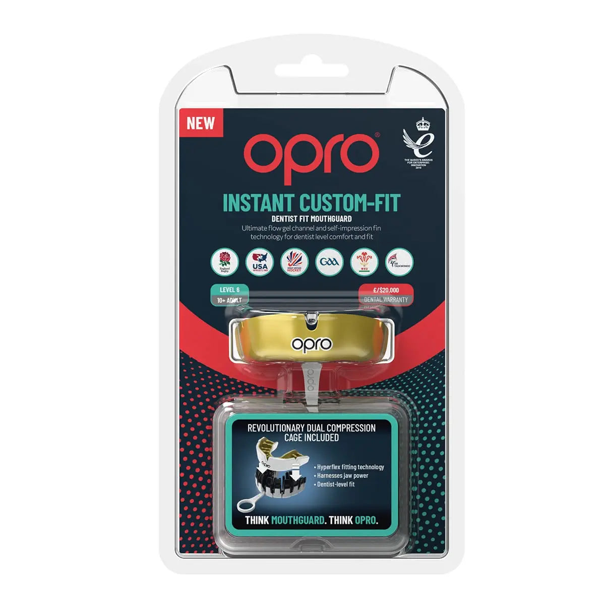 OPRO Instant Custom-Fit Sports Mouth Guard, Revolutionary Fitting Technology for Ultimate Comfort, Protection & Fit, Gum Shield, Dentist Mouthguard for Rugby, Boxing, Hockey, MMA (Gold Teeth, Adult) The Champ Gear