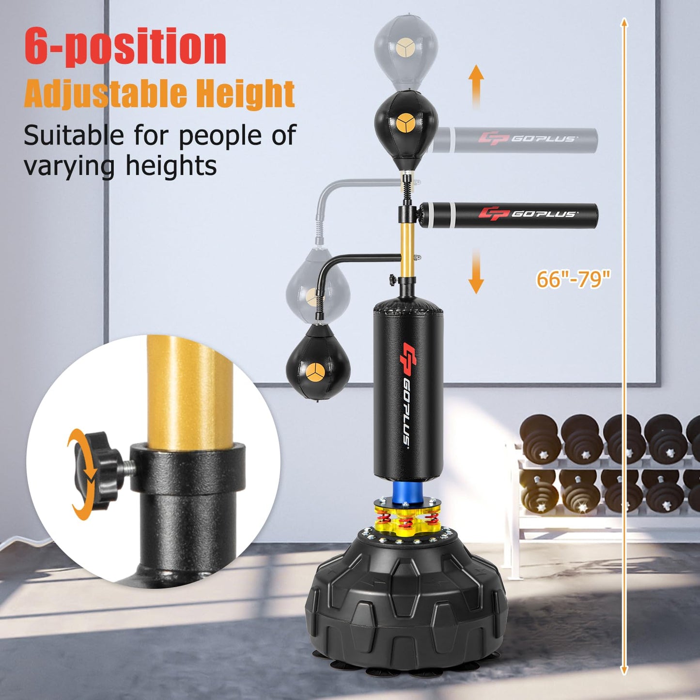 Goplus Boxing Speed Trainer, Freestanding Punching Bag 360° Spinning Bar with 2 Reflex Speed Balls, Shock Absorbers, Fillable Base, Height Adjustable Boxing Training Equipment for Teens Adults The Champ Gear