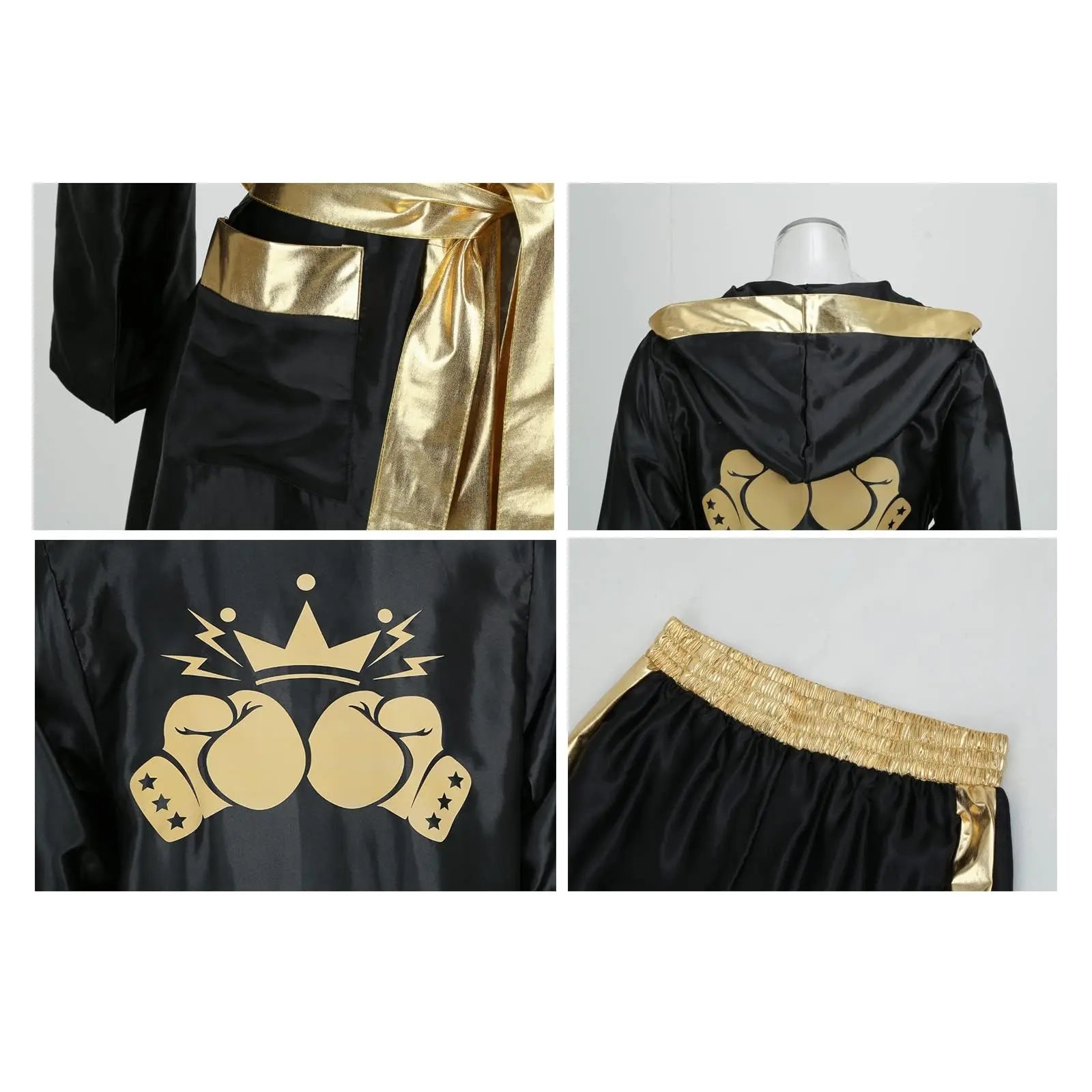 Colorful House Men Satin Black Boxing Robes Adult Boxing Halloween Costume Robe Boxer Costume Shorts with Belt The Champ Gear