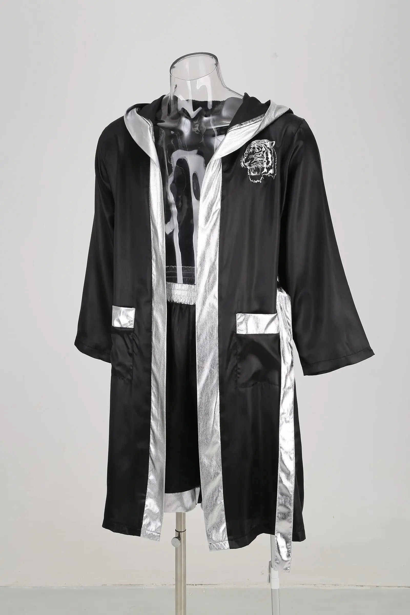 Colorful House Men Satin Black Boxing Robes Adult Boxing Halloween Costume Robe Boxer Costume Shorts with Belt The Champ Gear