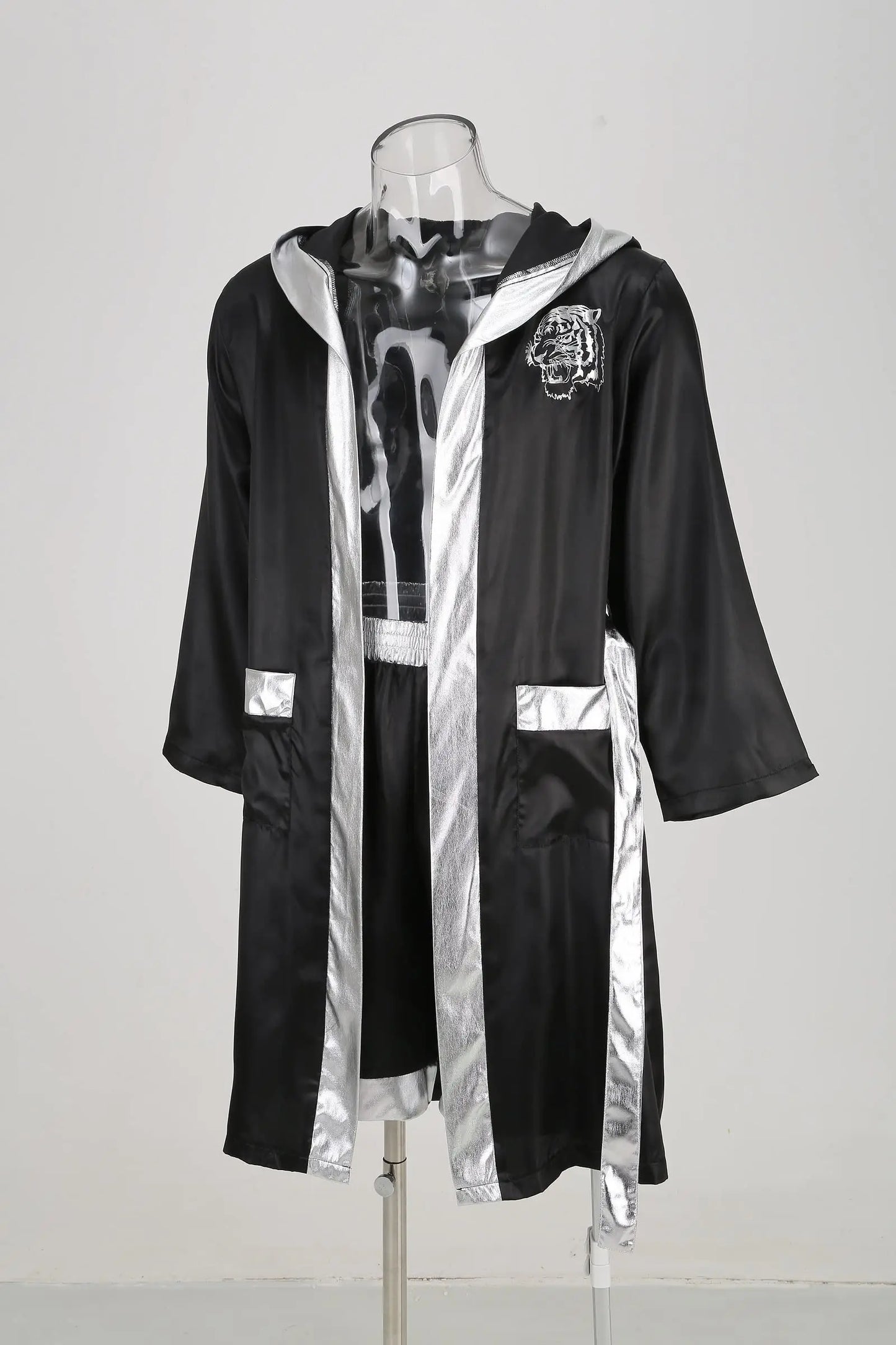 Colorful House Men Satin Black Boxing Robes Adult Boxing Halloween Costume Robe Boxer Costume Shorts with Belt The Champ Gear
