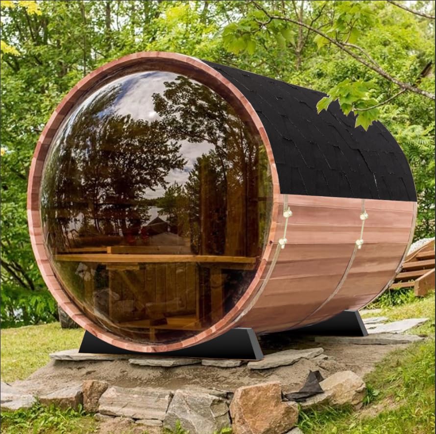 iDOTODO Outdoor Wooden Panoramic Barrel Sauna, 6-8 Person Sauna Room, 220V,6kw Harvia Electric Heater with Sauna Stone, Sauna Accessories and Asphalt Shingle Roof (Red Ceder) The Champ Gear
