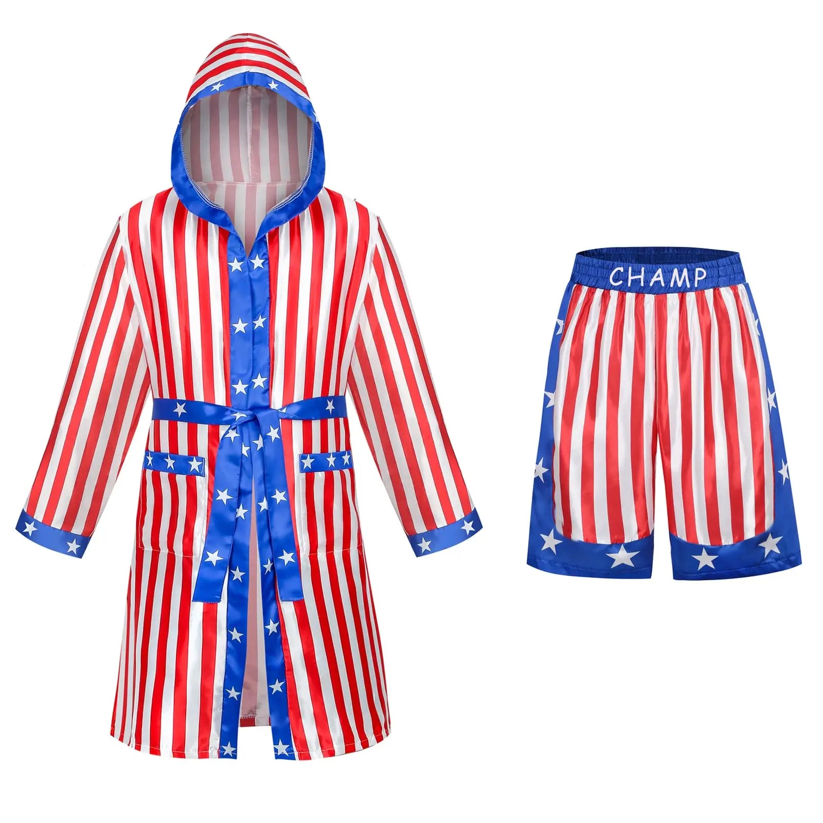Colorful House Men Satin Black Boxing Robes Adult Boxing Halloween Costume Robe Boxer Costume Shorts with Belt The Champ Gear