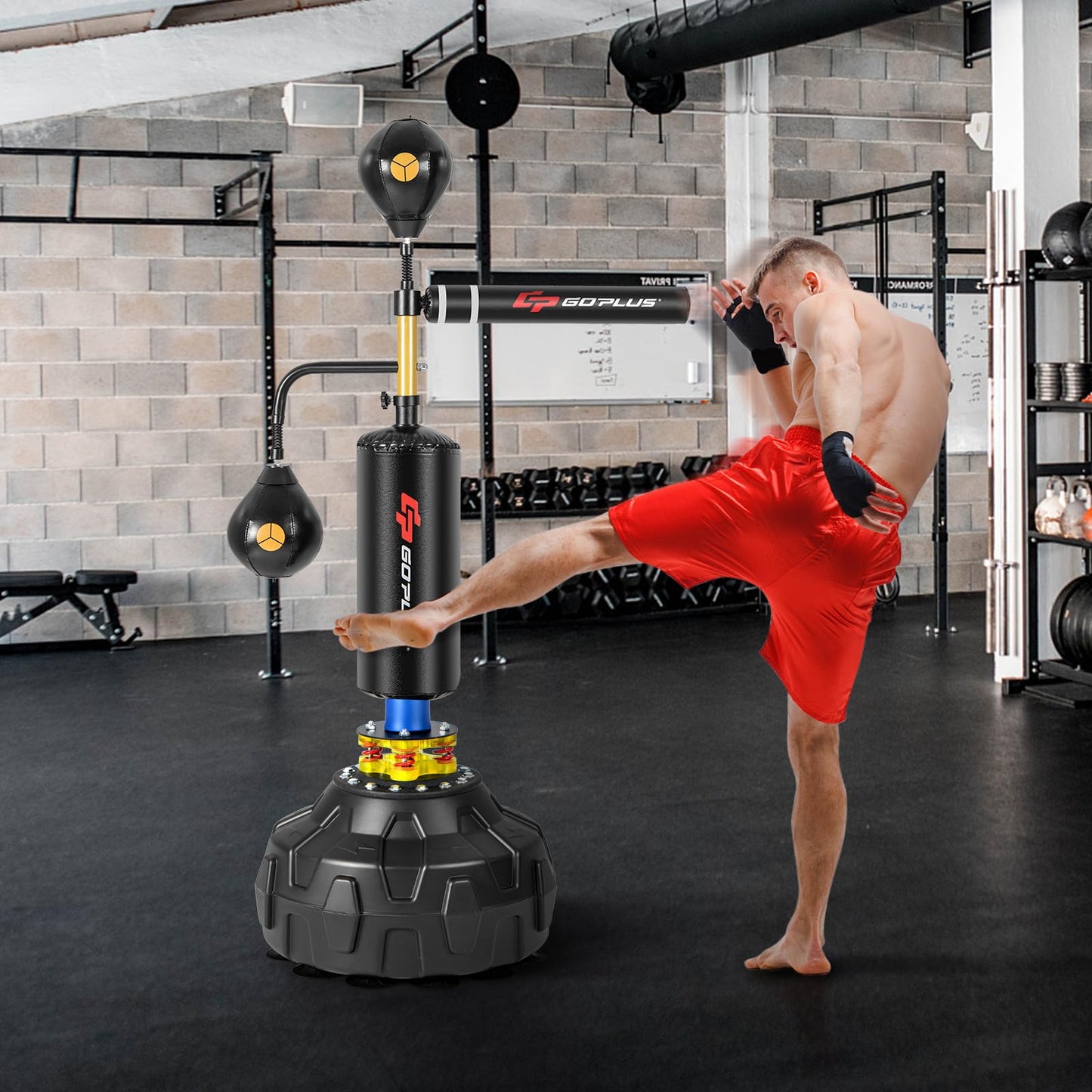 Goplus Boxing Speed Trainer, Freestanding Punching Bag 360° Spinning Bar with 2 Reflex Speed Balls, Shock Absorbers, Fillable Base, Height Adjustable Boxing Training Equipment for Teens Adults The Champ Gear