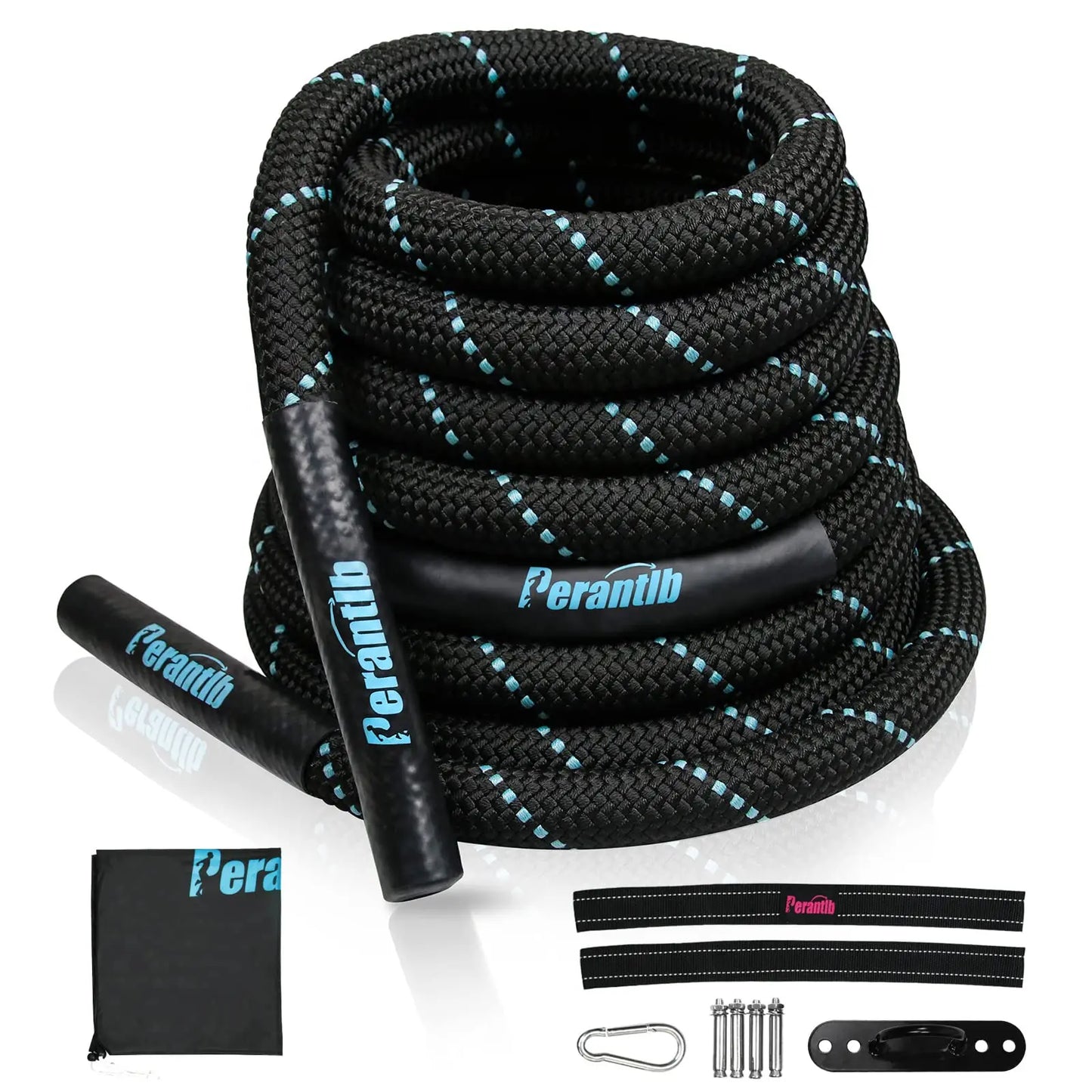 Perantlb 100% Poly Dacron Heavy Battle Rope - 1.5"/2" Diameter, 30' 40' 50' Lengths - Upgraded Durable Protective Sleeve - Gym Muscle Workout Fitness Power Rope- Anchor Strap Kit Included The Champ Gear