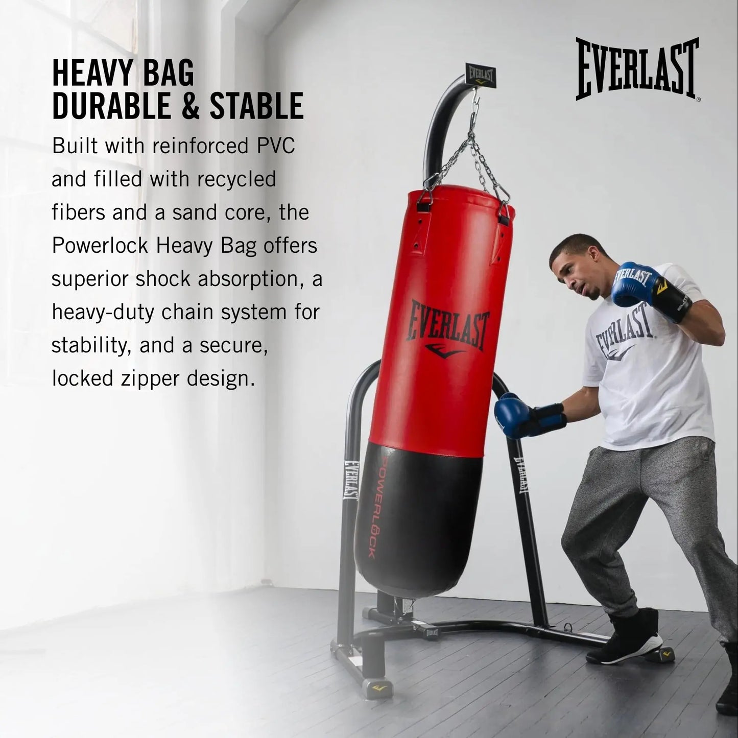 Everlast Powerlock Heavy Bag - Easy Heavy-Duty Chain Assembly, Shock Absorption, Sand-Filled Core - Ideal for Training, Boxing, Fight Sports, Fitness, Home Gym The Champ Gear