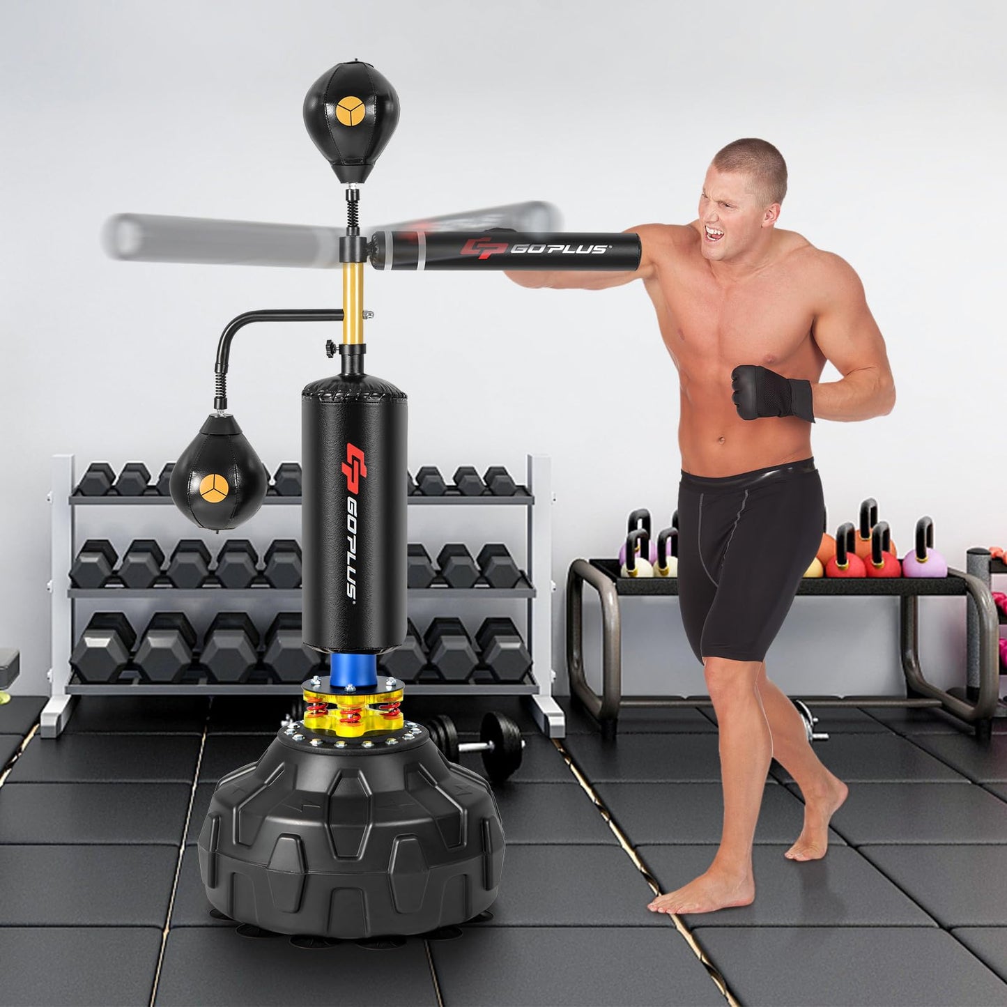 Goplus Boxing Speed Trainer, Freestanding Punching Bag 360° Spinning Bar with 2 Reflex Speed Balls, Shock Absorbers, Fillable Base, Height Adjustable Boxing Training Equipment for Teens Adults The Champ Gear