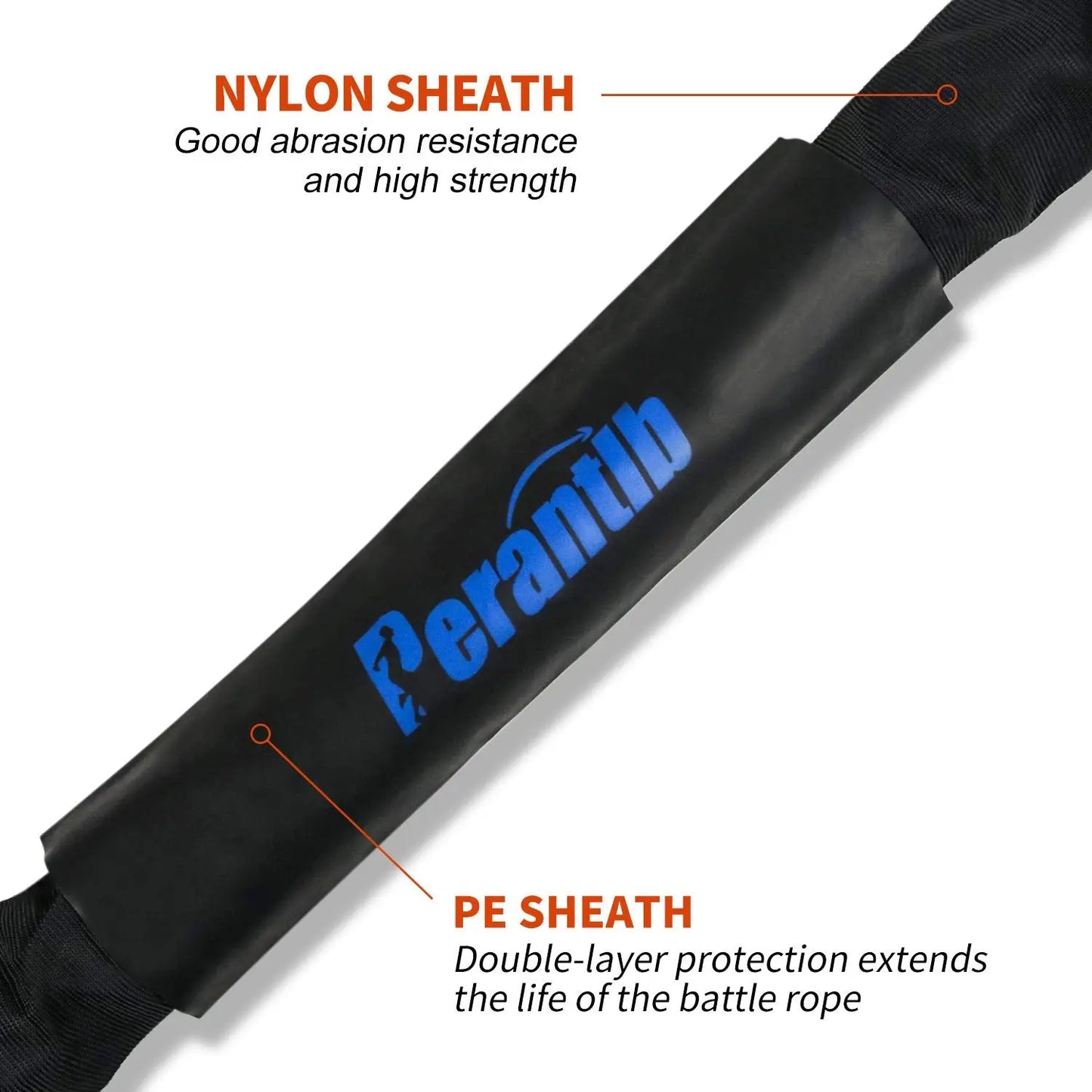Perantlb 100% Poly Dacron Heavy Battle Rope - 1.5"/2" Diameter, 30' 40' 50' Lengths - Upgraded Durable Protective Sleeve - Gym Muscle Workout Fitness Power Rope- Anchor Strap Kit Included The Champ Gear
