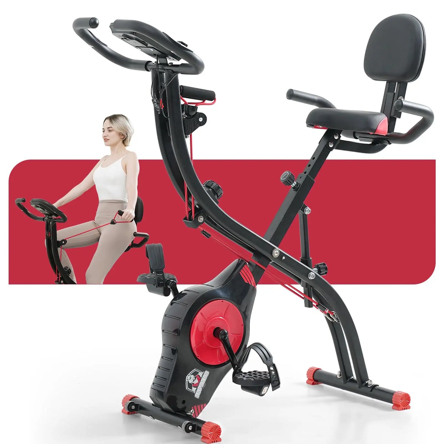 HAPBEAR Folding Exercise Bike Magnetic Foldable Stationary Bike, 3 in 1 Mode Indoor Upright Fitness Workout X-Bike with 8-Level Resistance and Arm Resistance Band, Pulse Sensor,LCD Monitor The Champ Gear