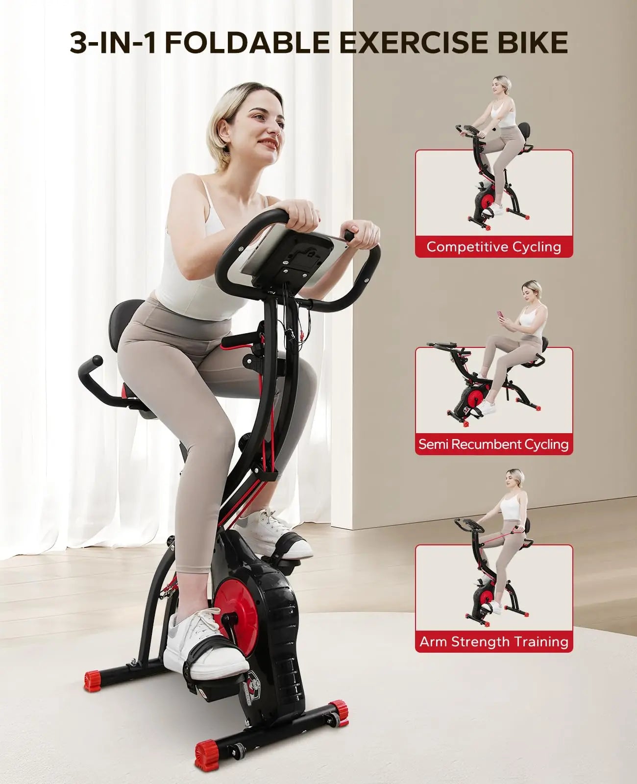 HAPBEAR Folding Exercise Bike Magnetic Foldable Stationary Bike, 3 in 1 Mode Indoor Upright Fitness Workout X-Bike with 8-Level Resistance and Arm Resistance Band, Pulse Sensor,LCD Monitor The Champ Gear