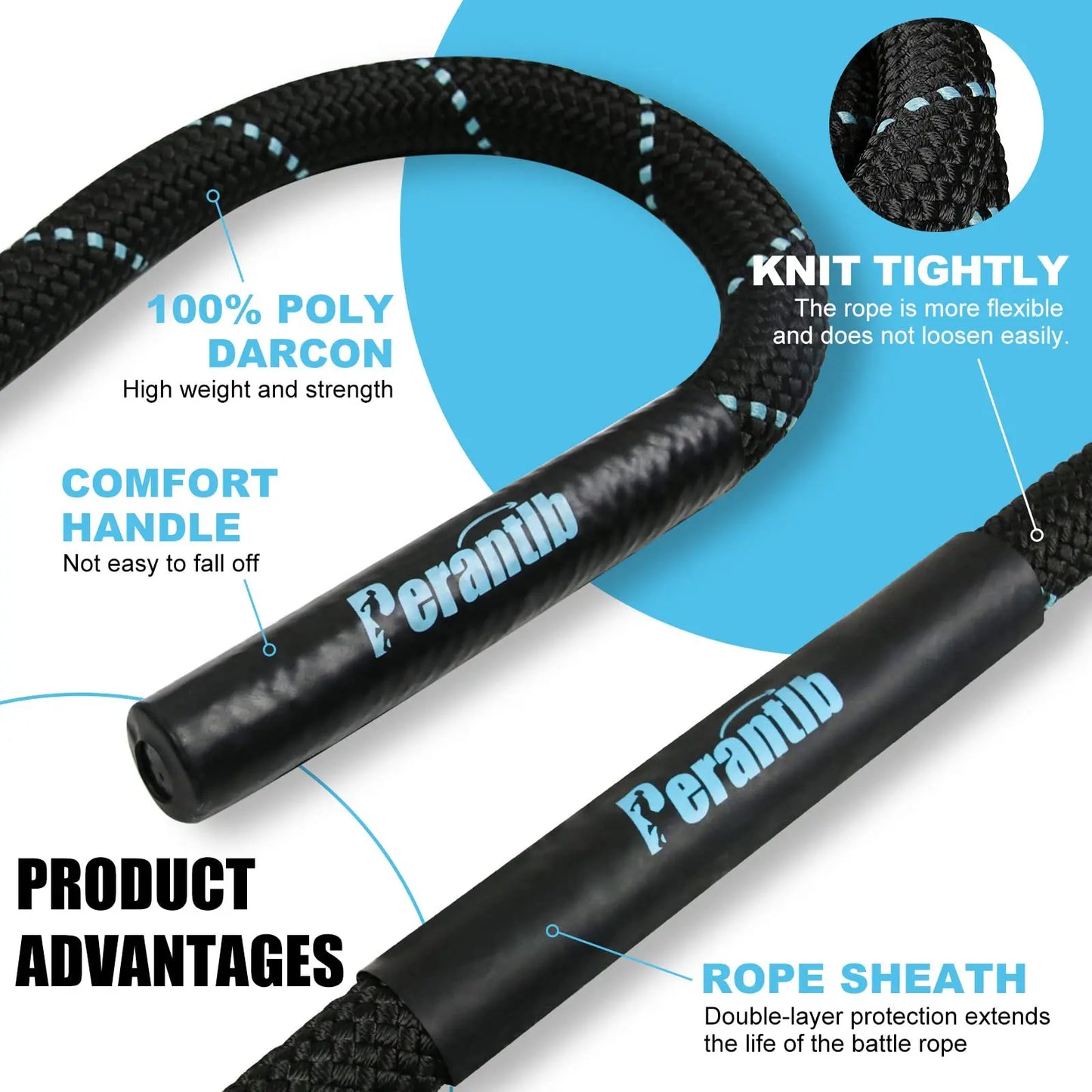 Perantlb 100% Poly Dacron Heavy Battle Rope - 1.5"/2" Diameter, 30' 40' 50' Lengths - Upgraded Durable Protective Sleeve - Gym Muscle Workout Fitness Power Rope- Anchor Strap Kit Included The Champ Gear