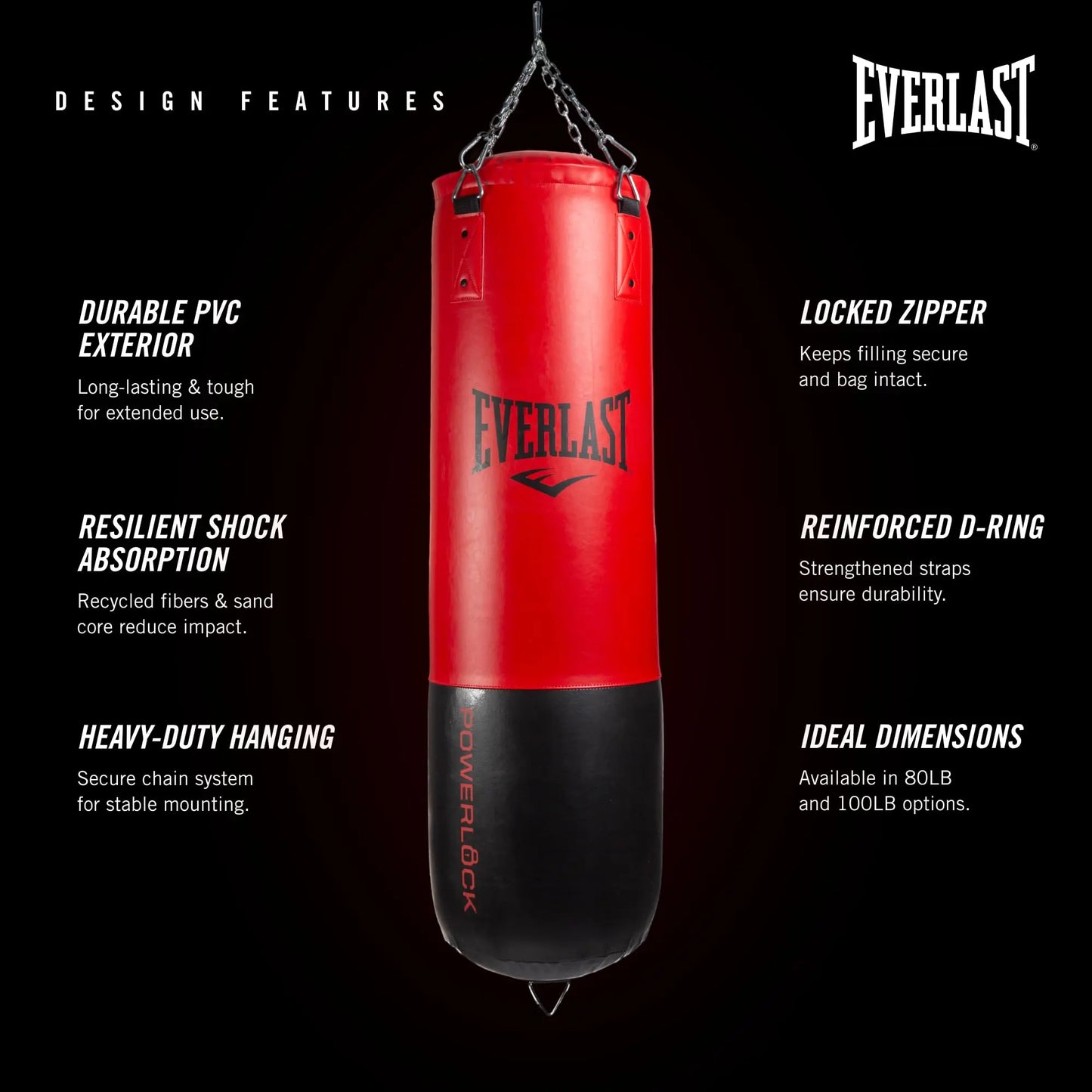 Everlast Powerlock Heavy Bag - Easy Heavy-Duty Chain Assembly, Shock Absorption, Sand-Filled Core - Ideal for Training, Boxing, Fight Sports, Fitness, Home Gym The Champ Gear