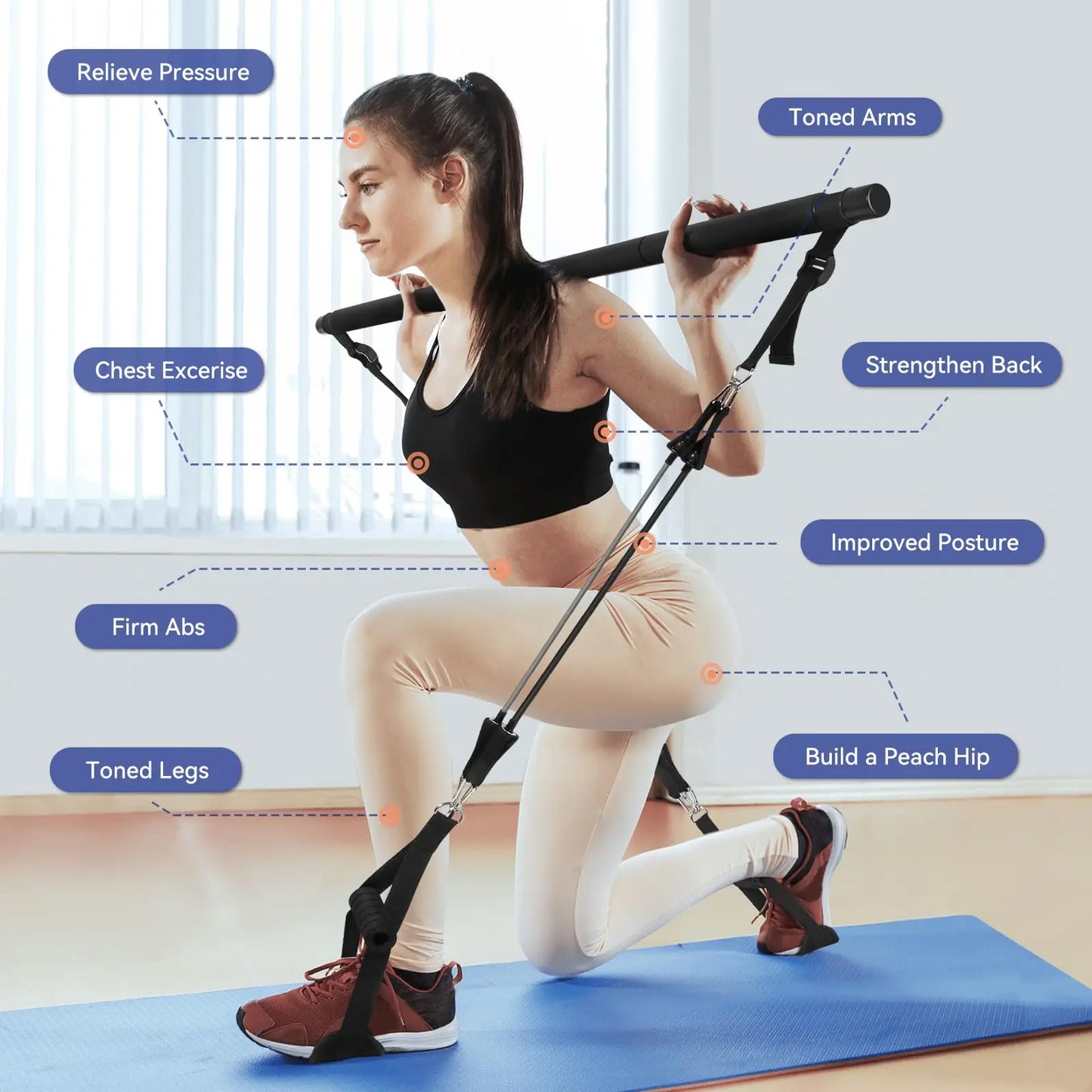 Upgraded Pilates Bar Kit with Resistance Bands Natural Latex for Women & Men, Heavy-Duty Stainless Steel Multifunctional Yoga Pilates Stick for Home Gym Exercise Fitness Equipment Full-Body Workouts The Champ Gear