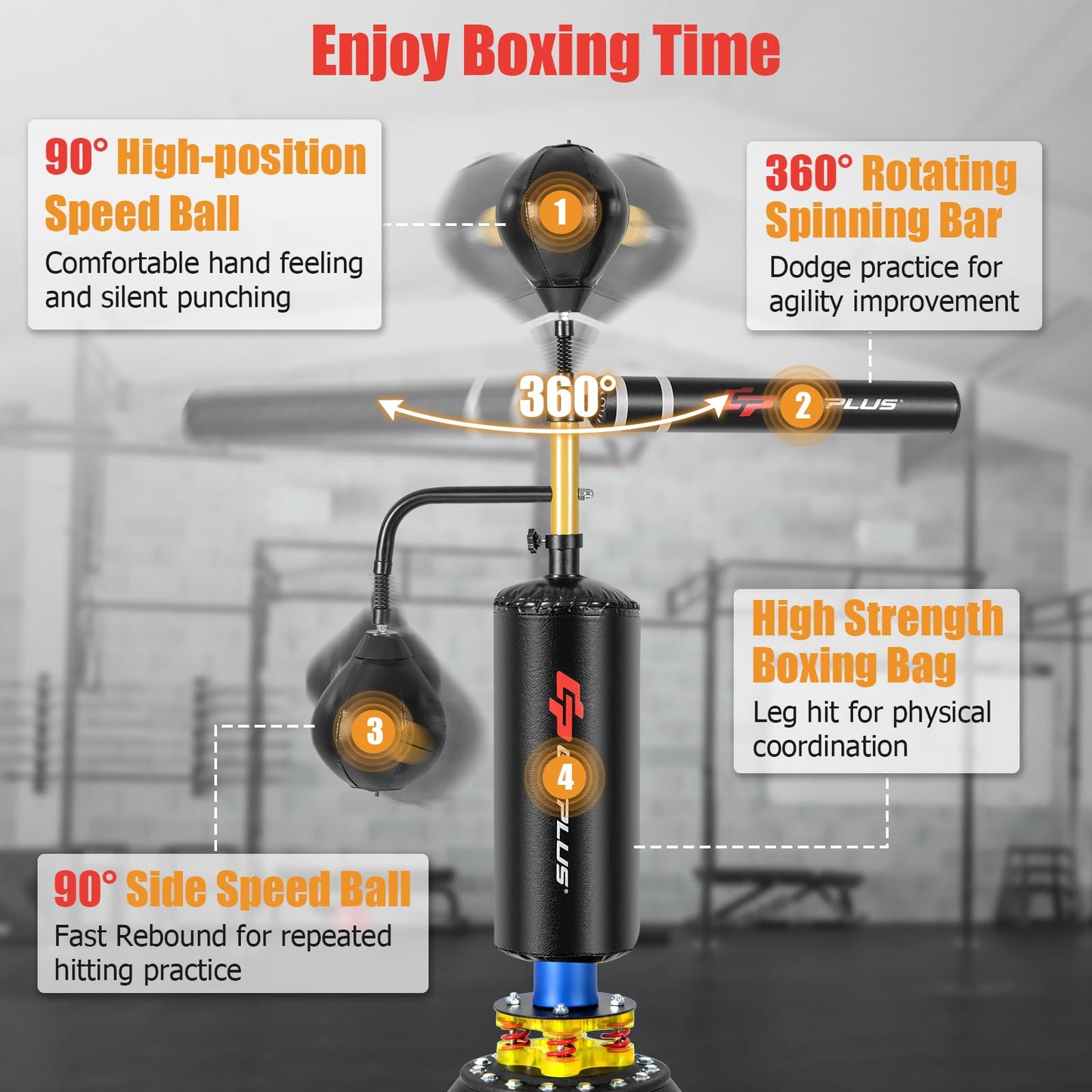 Goplus Boxing Speed Trainer, Freestanding Punching Bag 360° Spinning Bar with 2 Reflex Speed Balls, Shock Absorbers, Fillable Base, Height Adjustable Boxing Training Equipment for Teens Adults The Champ Gear