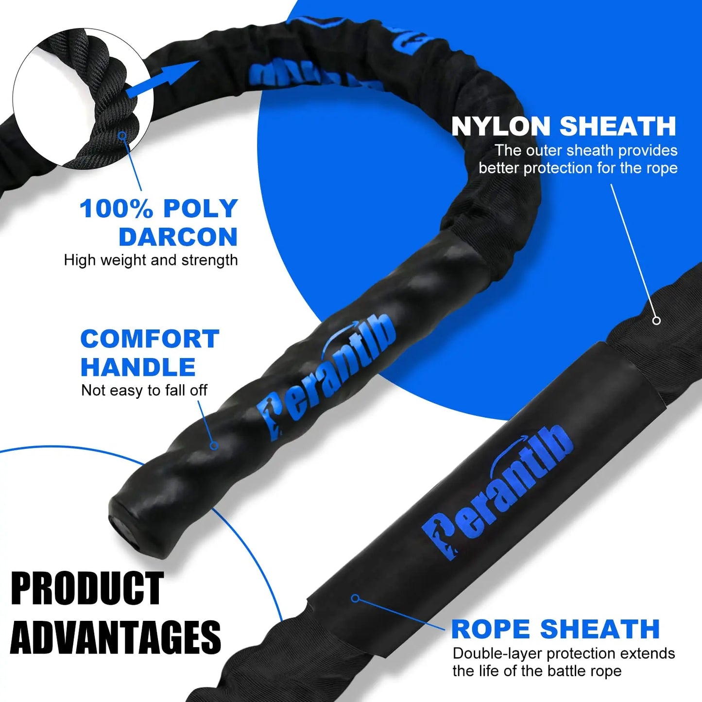 Perantlb 100% Poly Dacron Heavy Battle Rope - 1.5"/2" Diameter, 30' 40' 50' Lengths - Upgraded Durable Protective Sleeve - Gym Muscle Workout Fitness Power Rope- Anchor Strap Kit Included The Champ Gear