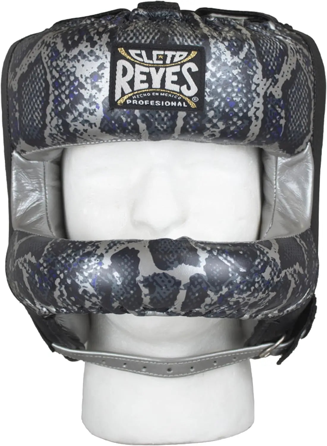 CLETO REYES Boxing Headgear with Face Bar for Men and Women, Protective Head Guard Face Saver, Sparring Fighting Sports, Kickboxing, MMA, Muay Thai, Silver/Black Steel Snake The Champ Gear