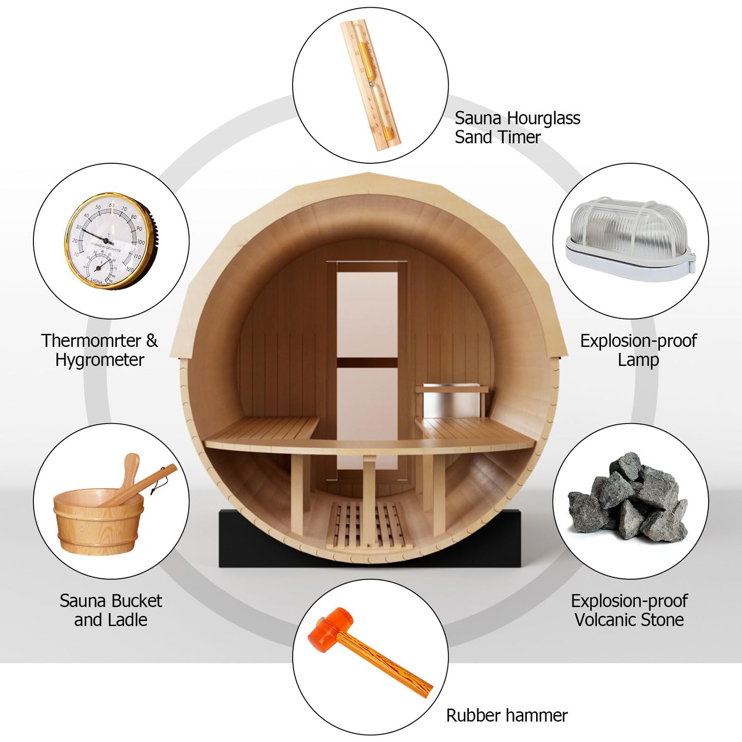 iDOTODO Outdoor Wooden Panoramic Barrel Sauna, 6-8 Person Sauna Room, 220V,6kw Harvia Electric Heater with Sauna Stone, Sauna Accessories and Asphalt Shingle Roof (Red Ceder) The Champ Gear