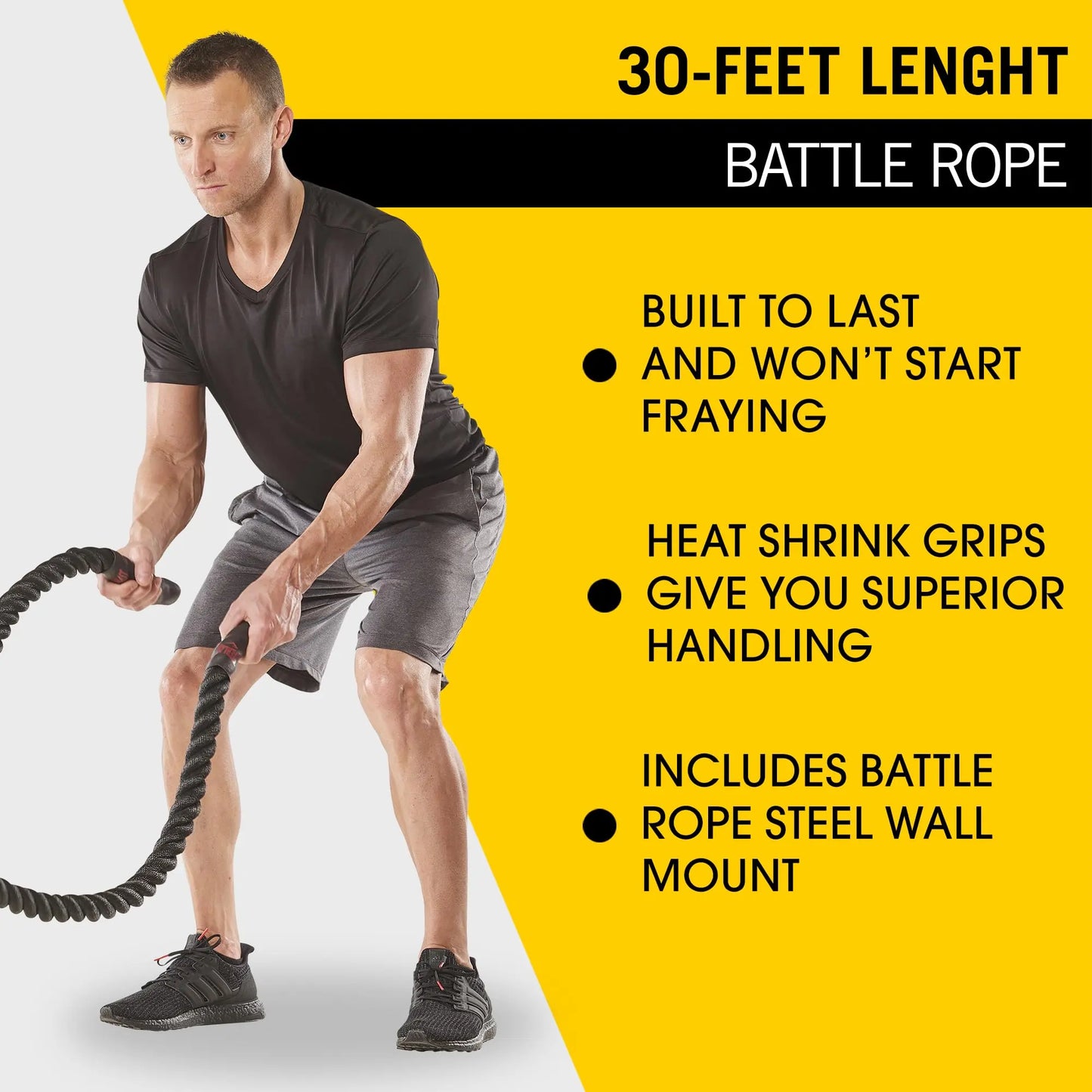 Everlast FIT 30-Foot Battle Rope - Durable Poly Dacron, Heat Shrink Grips, Wall Mount Included, Install in Home Gym - Gym Rope Ideal for Strength & Conditioning, Cardio Workout Equipment, Crossfit The Champ Gear