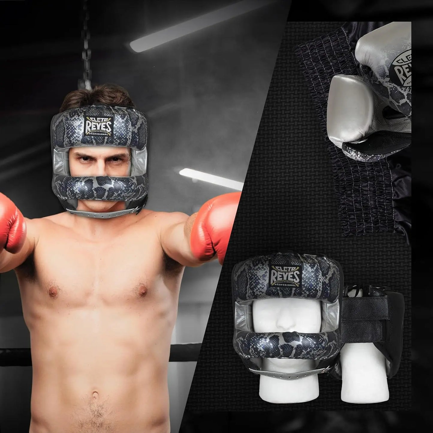 CLETO REYES Boxing Headgear with Face Bar for Men and Women, Protective Head Guard Face Saver, Sparring Fighting Sports, Kickboxing, MMA, Muay Thai, Silver/Black Steel Snake The Champ Gear