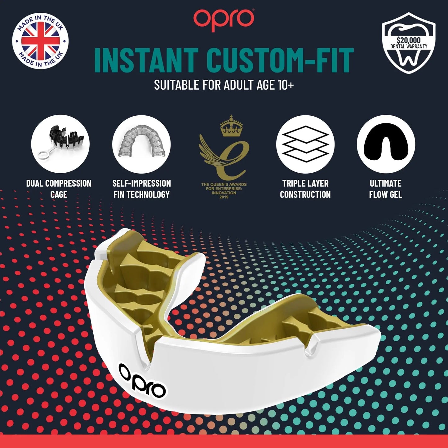 OPRO Instant Custom-Fit Sports Mouth Guard, Revolutionary Fitting Technology for Ultimate Comfort, Protection & Fit, Gum Shield, Dentist Mouthguard for Rugby, Boxing, Hockey, MMA (Gold Teeth, Adult) The Champ Gear
