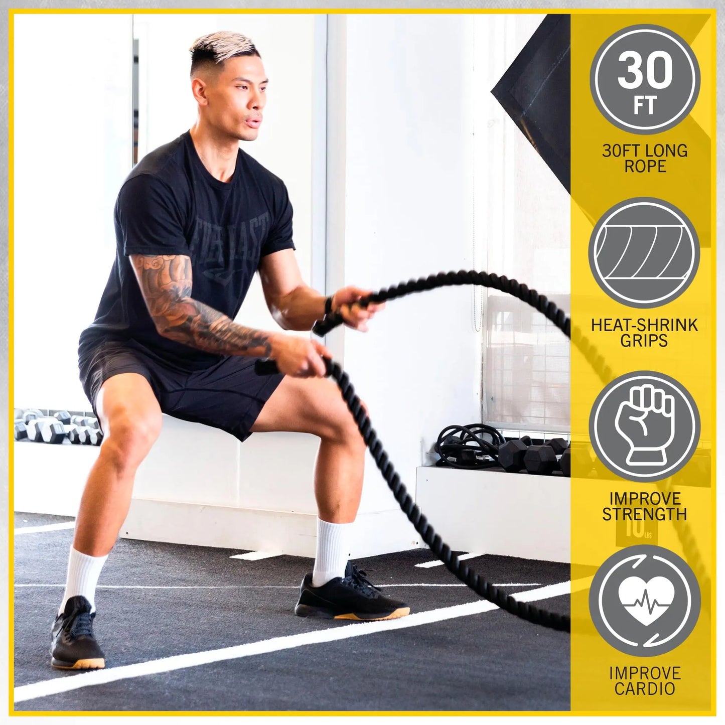 Everlast FIT 30-Foot Battle Rope - Durable Poly Dacron, Heat Shrink Grips, Wall Mount Included, Install in Home Gym - Gym Rope Ideal for Strength & Conditioning, Cardio Workout Equipment, Crossfit The Champ Gear