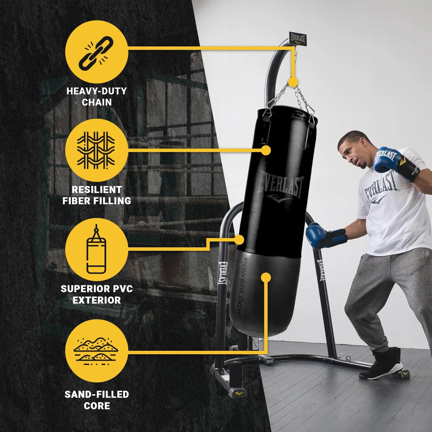 Everlast Powerlock Heavy Bag - Easy Heavy-Duty Chain Assembly, Shock Absorption, Sand-Filled Core - Ideal for Training, Boxing, Fight Sports, Fitness, Home Gym The Champ Gear