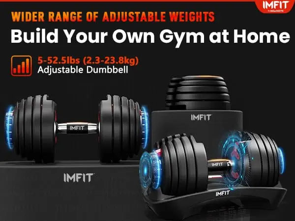 IMFit 5lb-52.5lb Adjustable Dumbbells [ Single/Set of 2 (Free Hand Grip)] [All-in-one (33Lbs, 55Lbs)] Weight Adjusts from 5 to 52.5 lbs, 15 Adjustable Weight Settings, Space Efficient Compact Design, Easily Switch Exercises | Dumbell Set for Fitness and H The Champ Gear