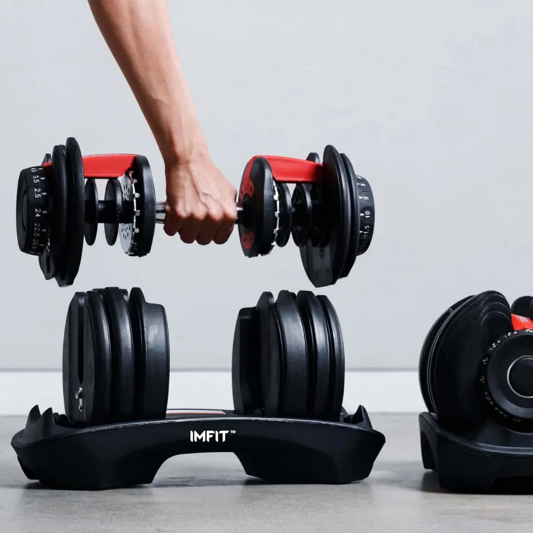 IMFit 5lb-52.5lb Adjustable Dumbbells [ Single/Set of 2 (Free Hand Grip)] [All-in-one (33Lbs, 55Lbs)] Weight Adjusts from 5 to 52.5 lbs, 15 Adjustable Weight Settings, Space Efficient Compact Design, Easily Switch Exercises | Dumbell Set for Fitness and H The Champ Gear