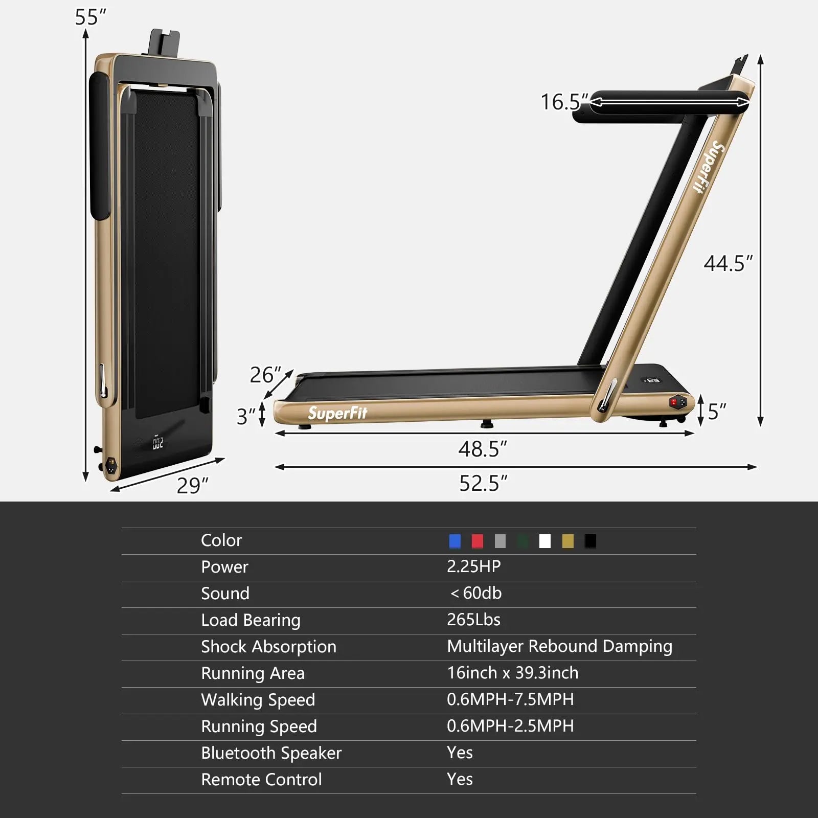 Goplus 2 in 1 Folding Treadmill, 2.25HP Under Desk Electric Treadmill, Installation-Free with Bluetooth Speaker, Remote Control and LED Display, Walking Jogging for Home Office Use The Champ Gear