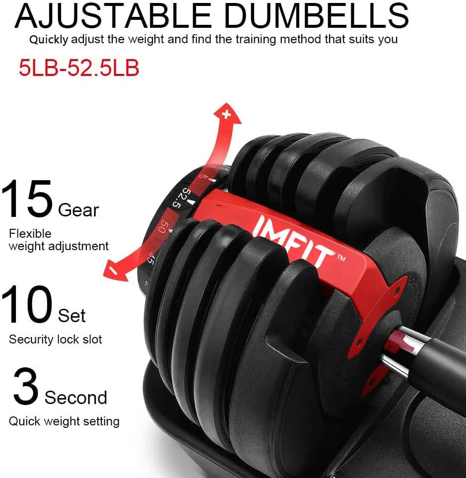 IMFit 5lb-52.5lb Adjustable Dumbbells [ Single/Set of 2 (Free Hand Grip)] [All-in-one (33Lbs, 55Lbs)] Weight Adjusts from 5 to 52.5 lbs, 15 Adjustable Weight Settings, Space Efficient Compact Design, Easily Switch Exercises | Dumbell Set for Fitness and H The Champ Gear