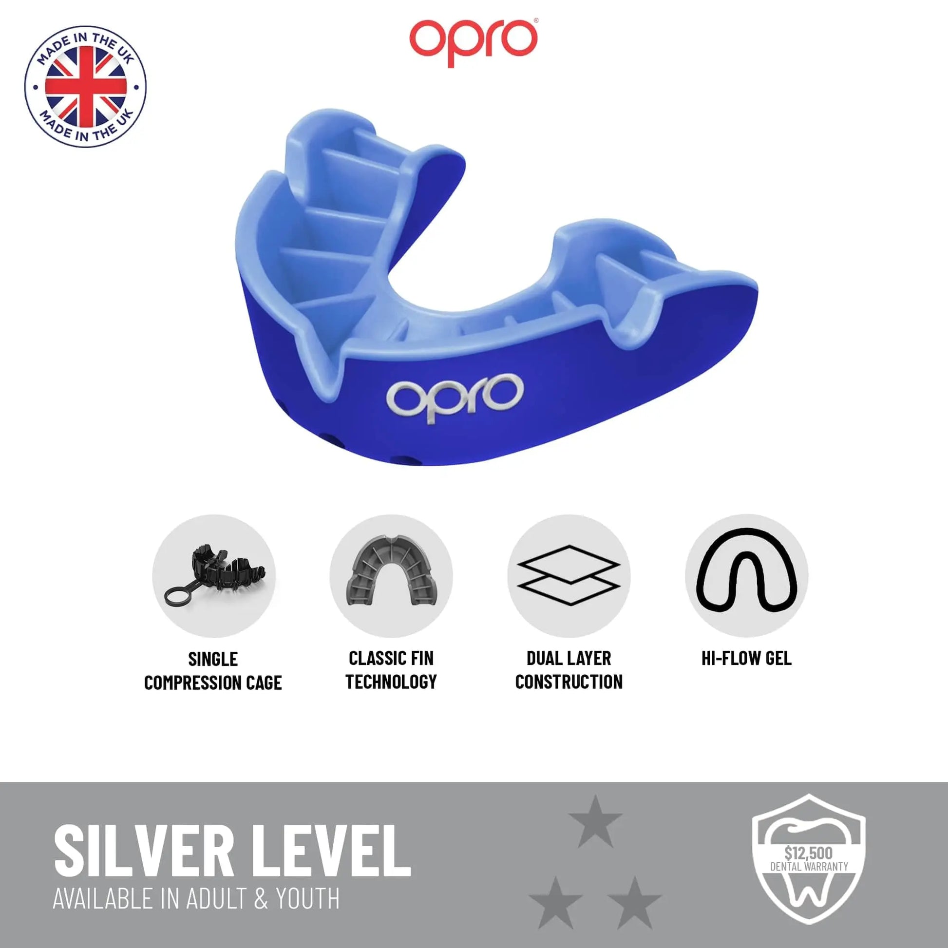 OPRO Silver Level Jawz Adult and Youth Sports Mouthguard With Case, Gum Shield Featuring Revolutionary Fitting Technology for Hockey, Rugby, Boxing MMA, BJJ, Karate, Judo, UFC (Black/Silver, Adult) The Champ Gear