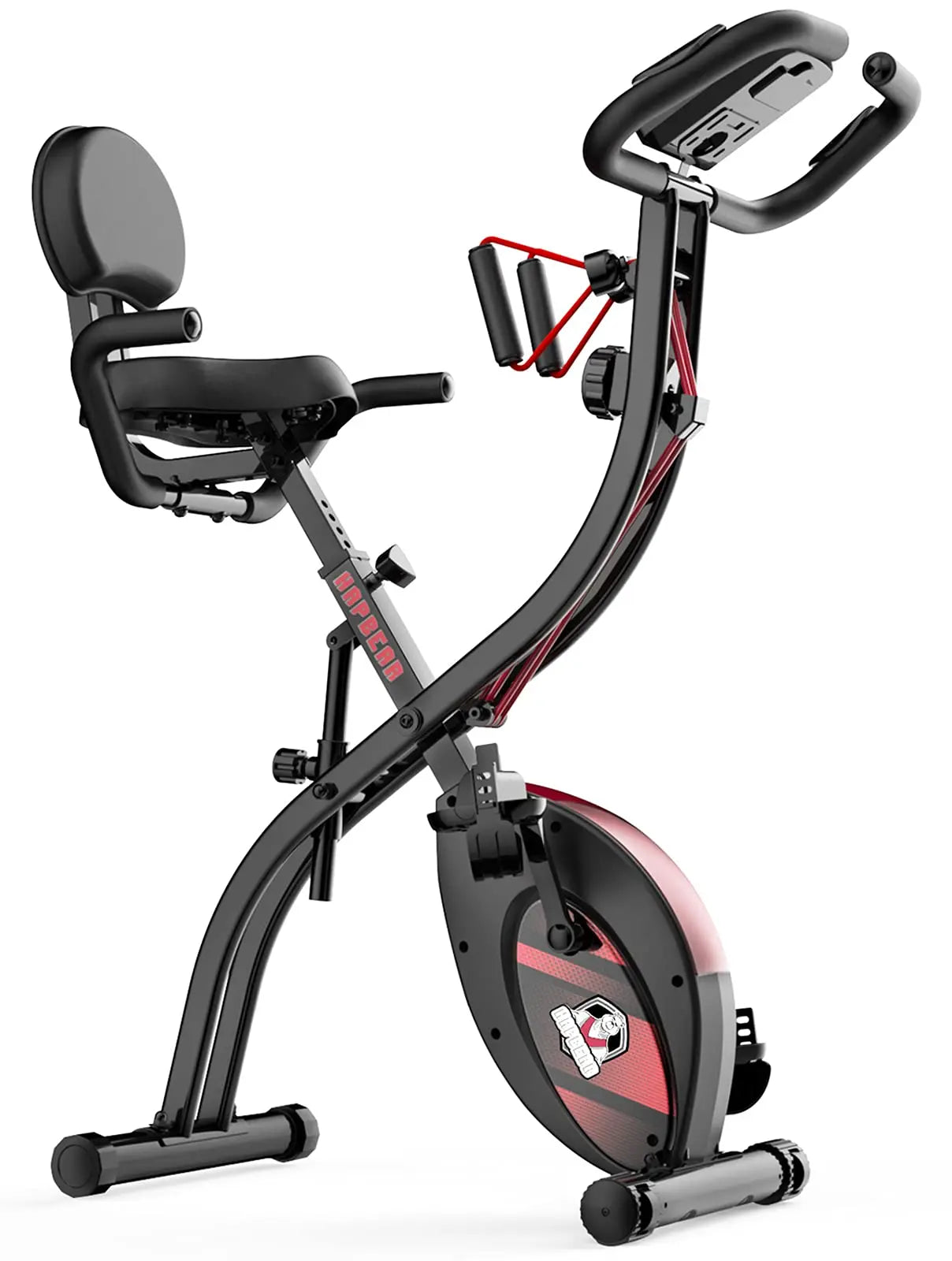 HAPBEAR Folding Exercise Bike Magnetic Foldable Stationary Bike, 3 in 1 Mode Indoor Upright Fitness Workout X-Bike with 8-Level Resistance and Arm Resistance Band, Pulse Sensor,LCD Monitor The Champ Gear