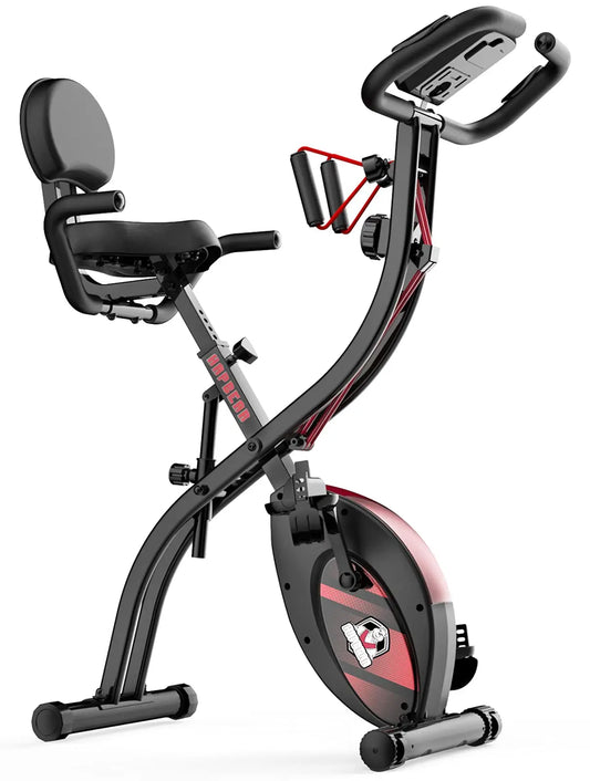 HAPBEAR Folding Exercise Bike Magnetic Foldable Stationary Bike, 3 in 1 Mode Indoor Upright Fitness Workout X-Bike with 8-Level Resistance and Arm Resistance Band, Pulse Sensor,LCD Monitor The Champ Gear