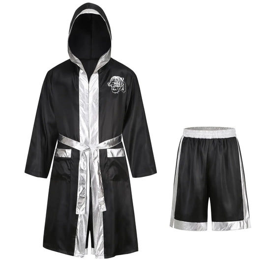 Colorful House Men Satin Black Boxing Robes Adult Boxing Halloween Costume Robe Boxer Costume Shorts with Belt The Champ Gear