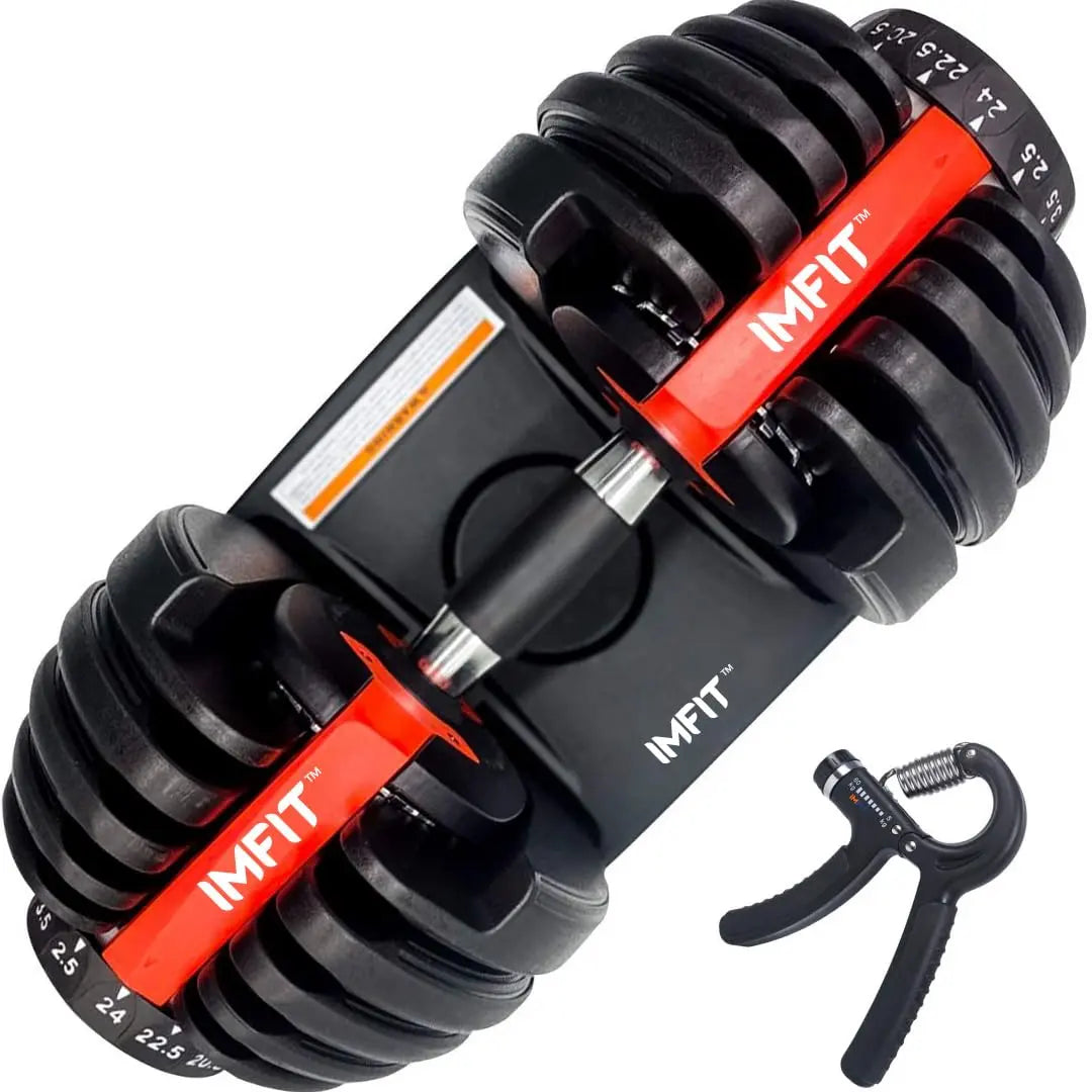 IMFit 5lb-52.5lb Adjustable Dumbbells [ Single/Set of 2 (Free Hand Grip)] [All-in-one (33Lbs, 55Lbs)] Weight Adjusts from 5 to 52.5 lbs, 15 Adjustable Weight Settings, Space Efficient Compact Design, Easily Switch Exercises | Dumbell Set for Fitness and H The Champ Gear