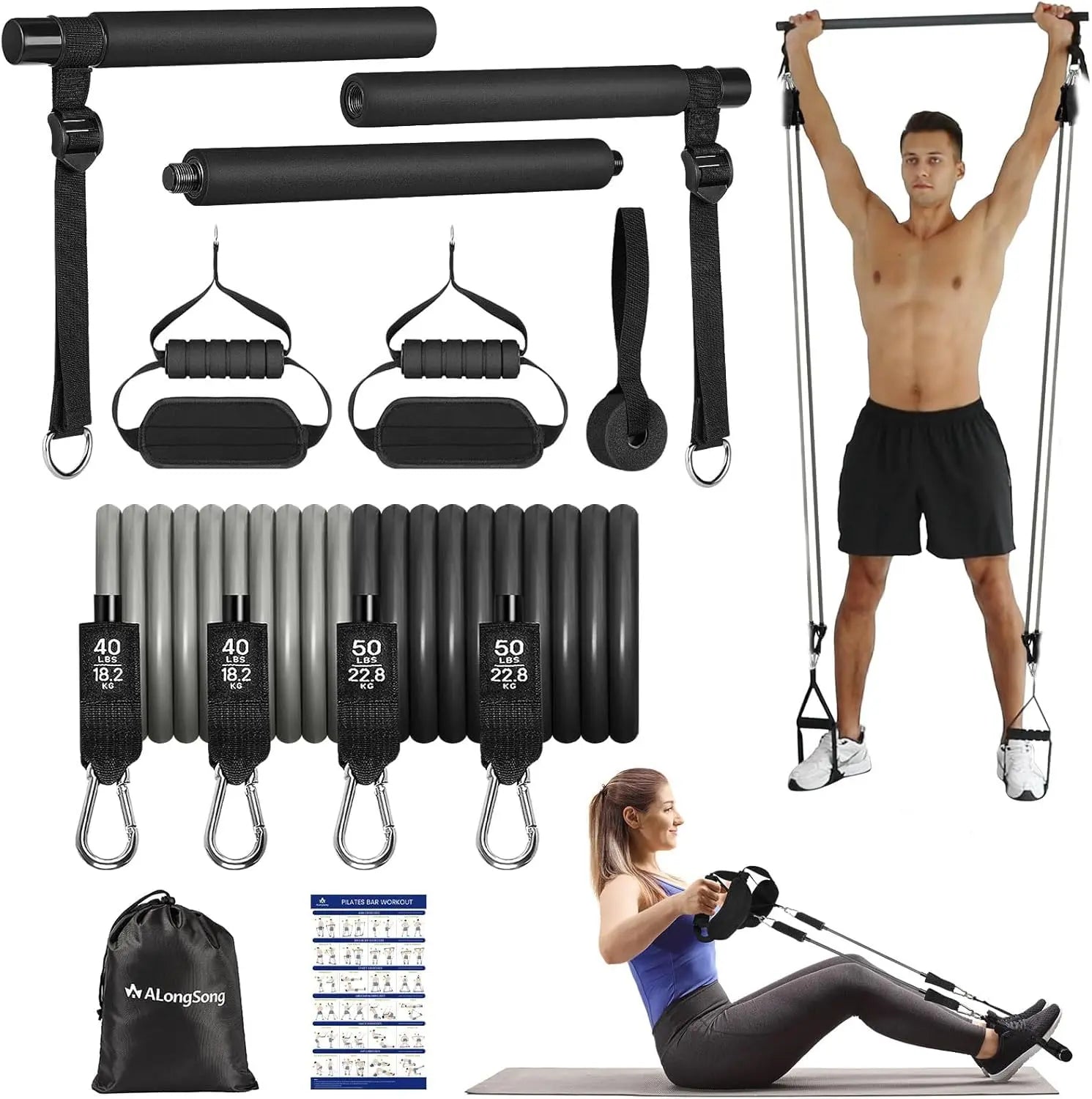 Upgraded Pilates Bar Kit with Resistance Bands Natural Latex for Women & Men, Heavy-Duty Stainless Steel Multifunctional Yoga Pilates Stick for Home Gym Exercise Fitness Equipment Full-Body Workouts The Champ Gear