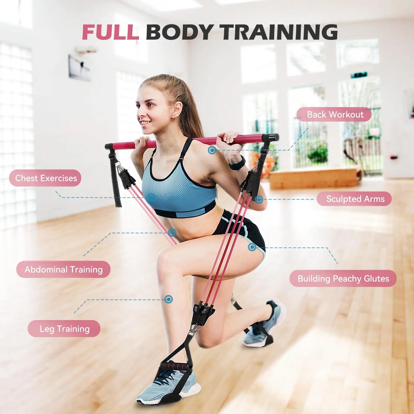 Upgraded Pilates Bar Kit with Resistance Bands Natural Latex for Women & Men, Heavy-Duty Stainless Steel Multifunctional Yoga Pilates Stick for Home Gym Exercise Fitness Equipment Full-Body Workouts The Champ Gear